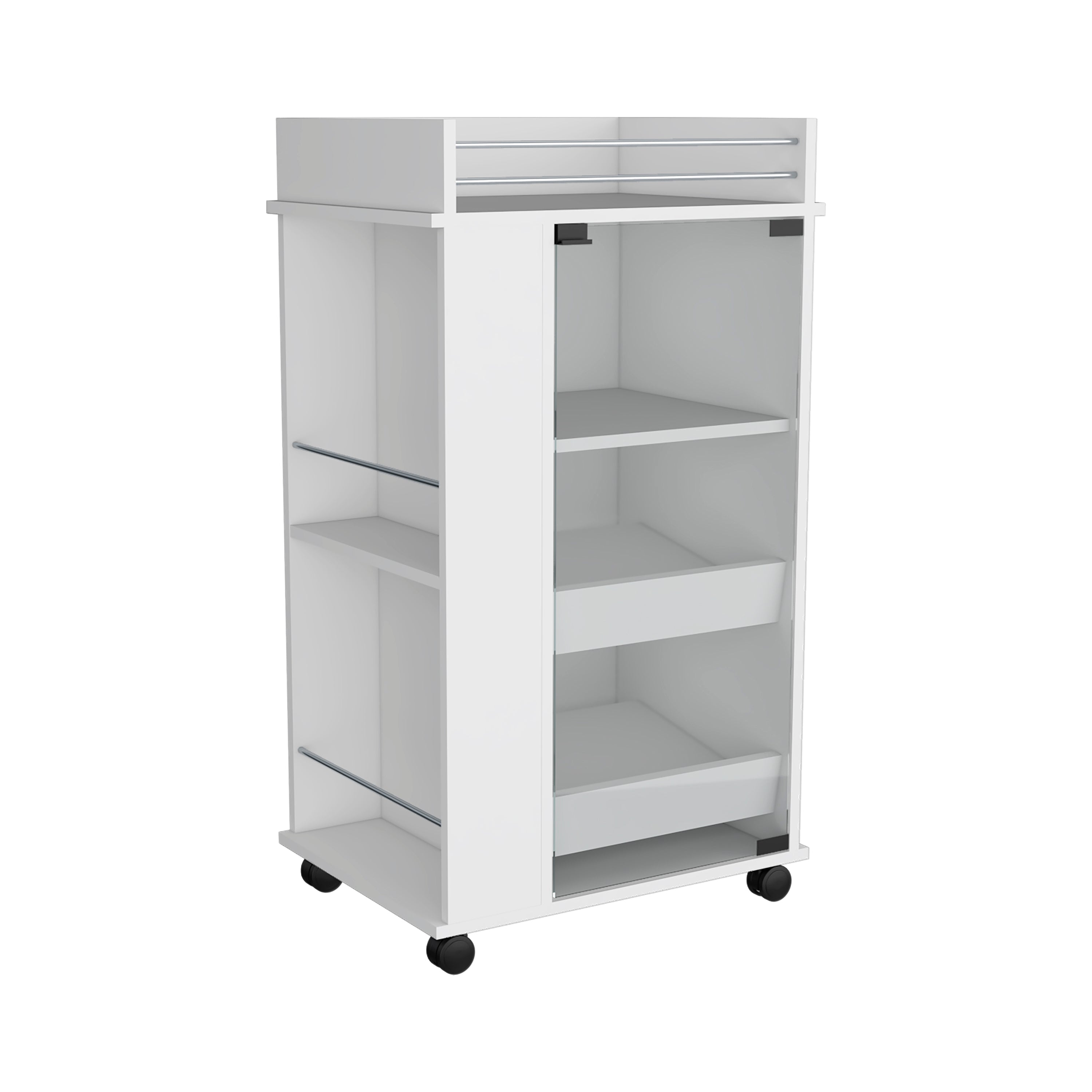 Lansing Bar Cart with Glass Door, 2-Side Shelves and Casters, White - Luciddepo
