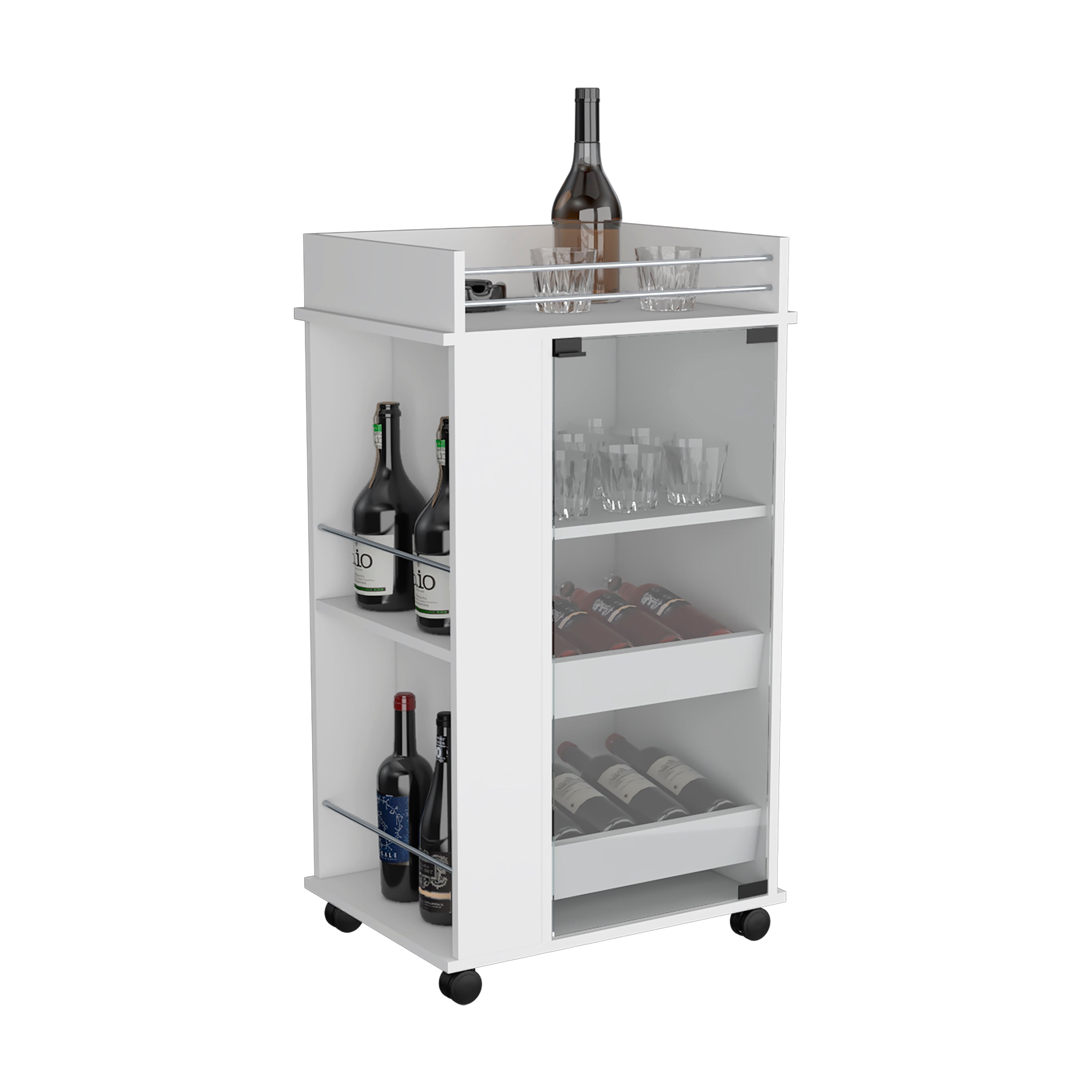 Lansing Bar Cart with Glass Door, 2-Side Shelves and Casters, White - Luciddepo