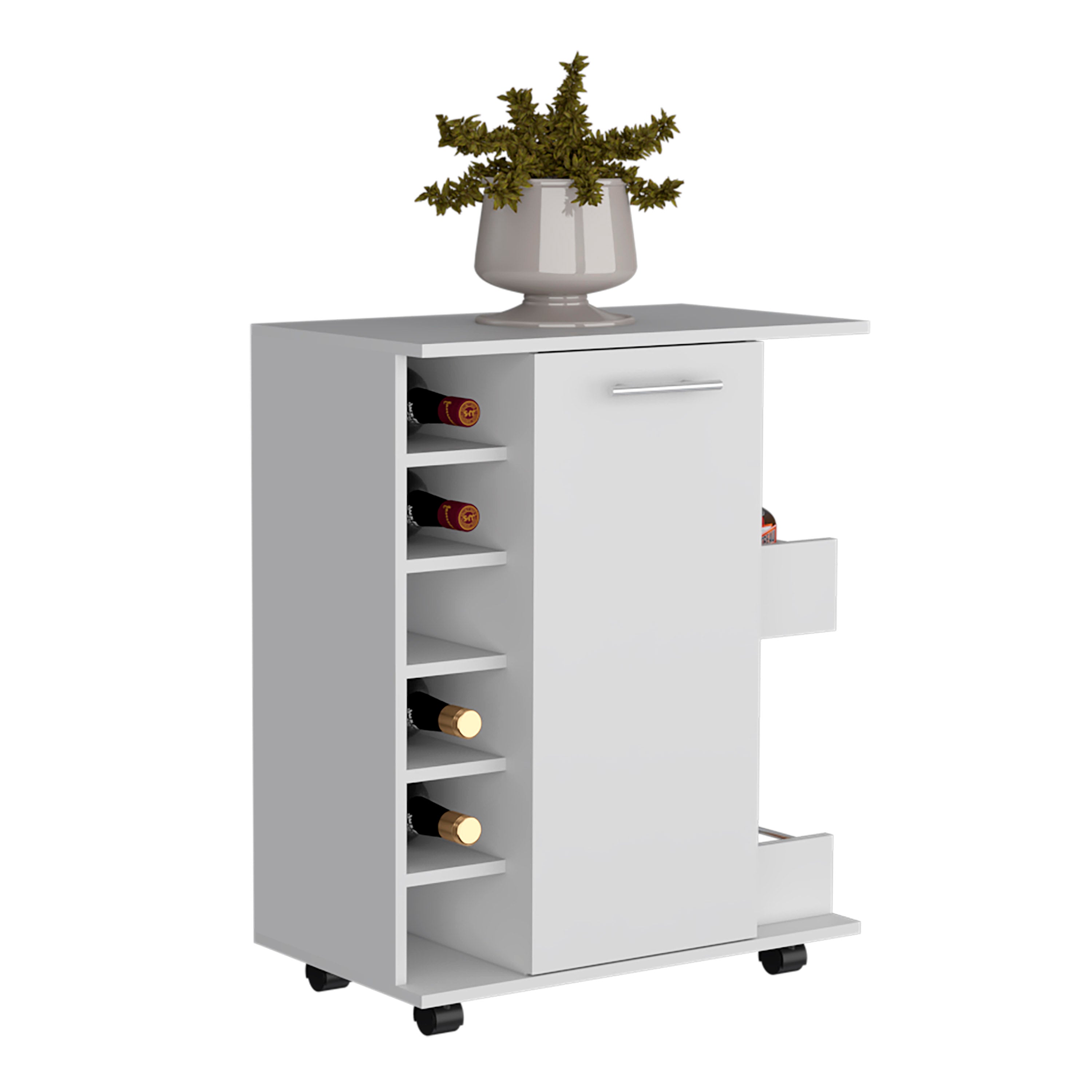 Selden Bar Cart with 6-Built in Bottle Racks, Casters and 2-Open Side Shelves, White - Luciddepo