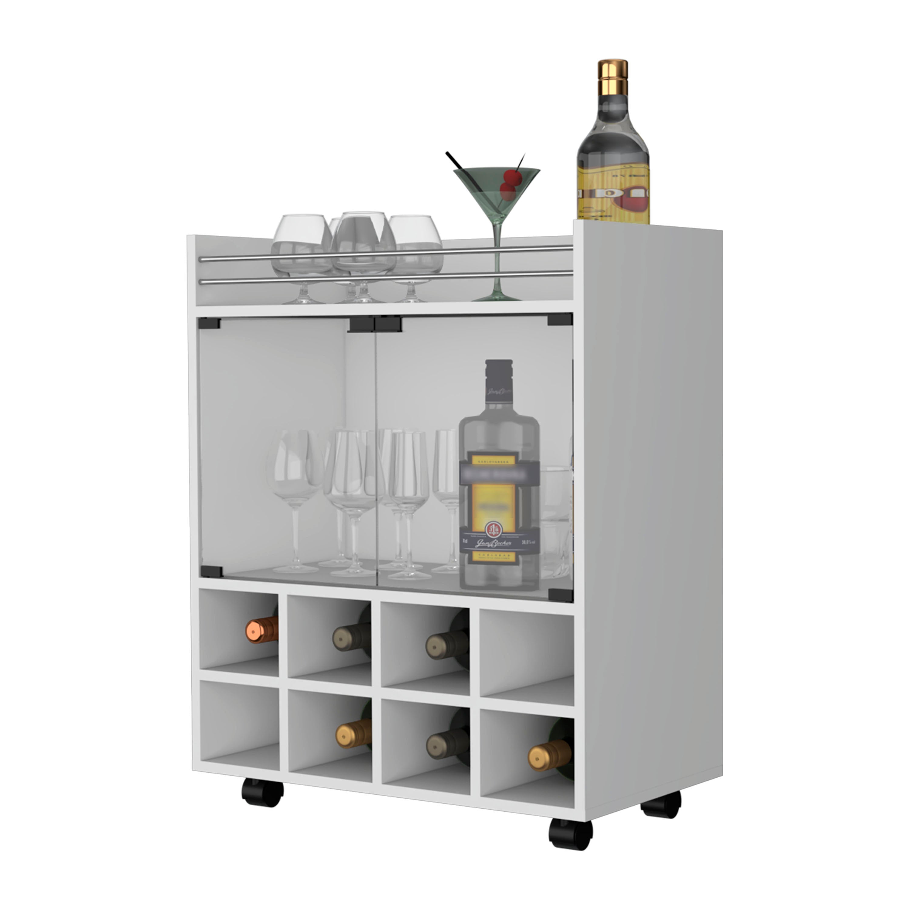 Queens Bar Cart with Signature 8-Bottle Holder, Glass-Paneled Cabinet and Aluminum-Touched Top, White - Luciddepo