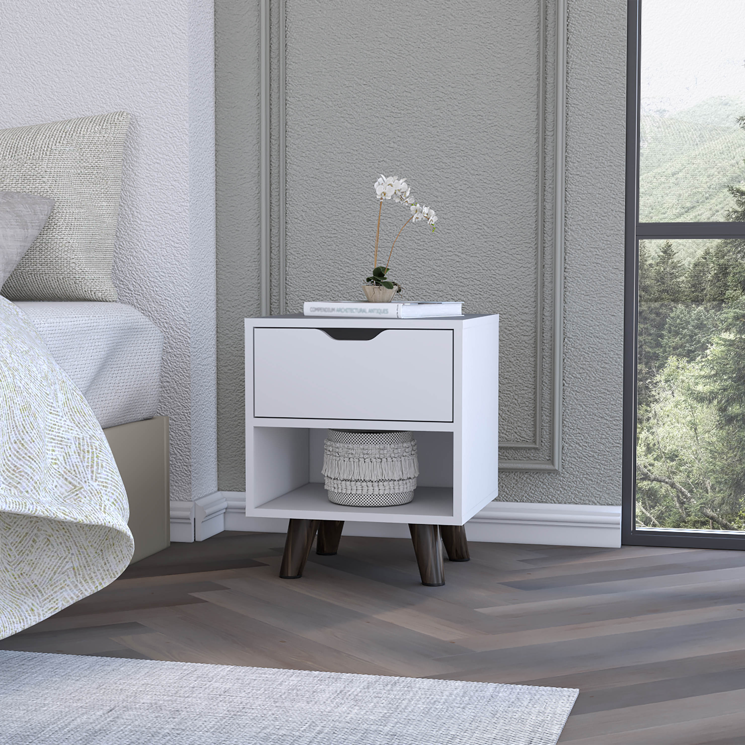 Cliff Modern Nightstand with Spacious Drawer, Open Storage Shelf and Chic Wooden Legs, White - Luciddepo