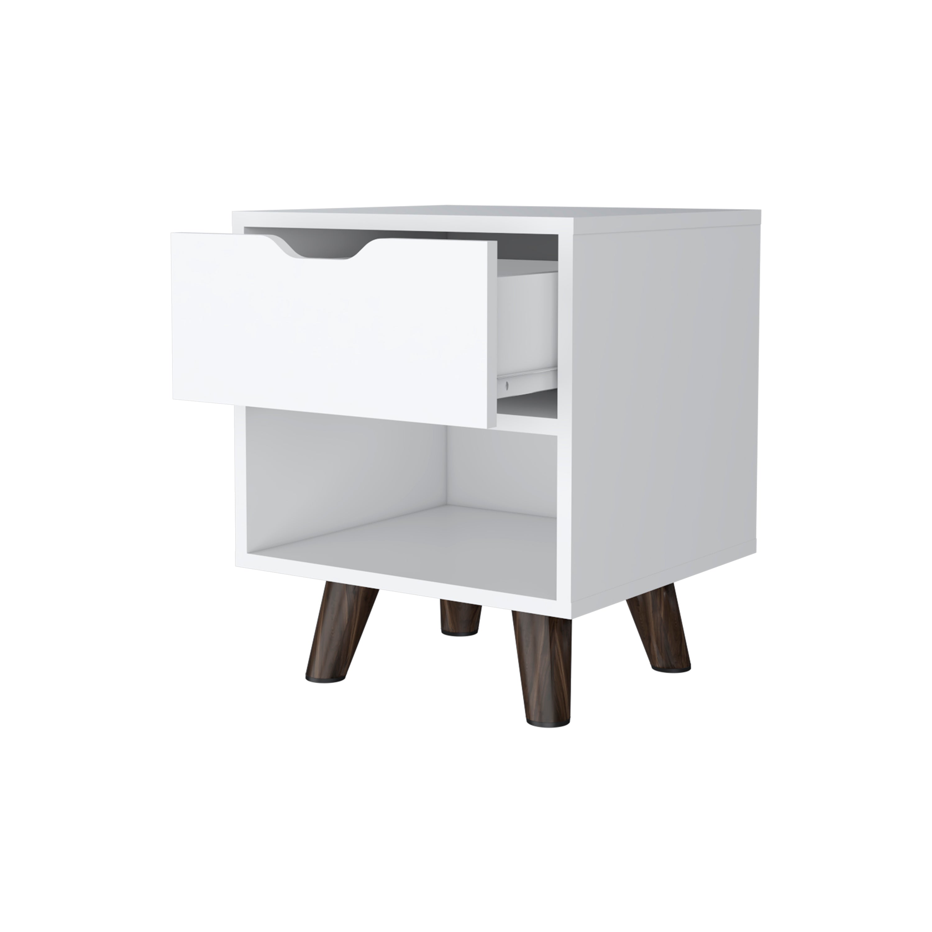 Cliff Modern Nightstand with Spacious Drawer, Open Storage Shelf and Chic Wooden Legs, White - Luciddepo