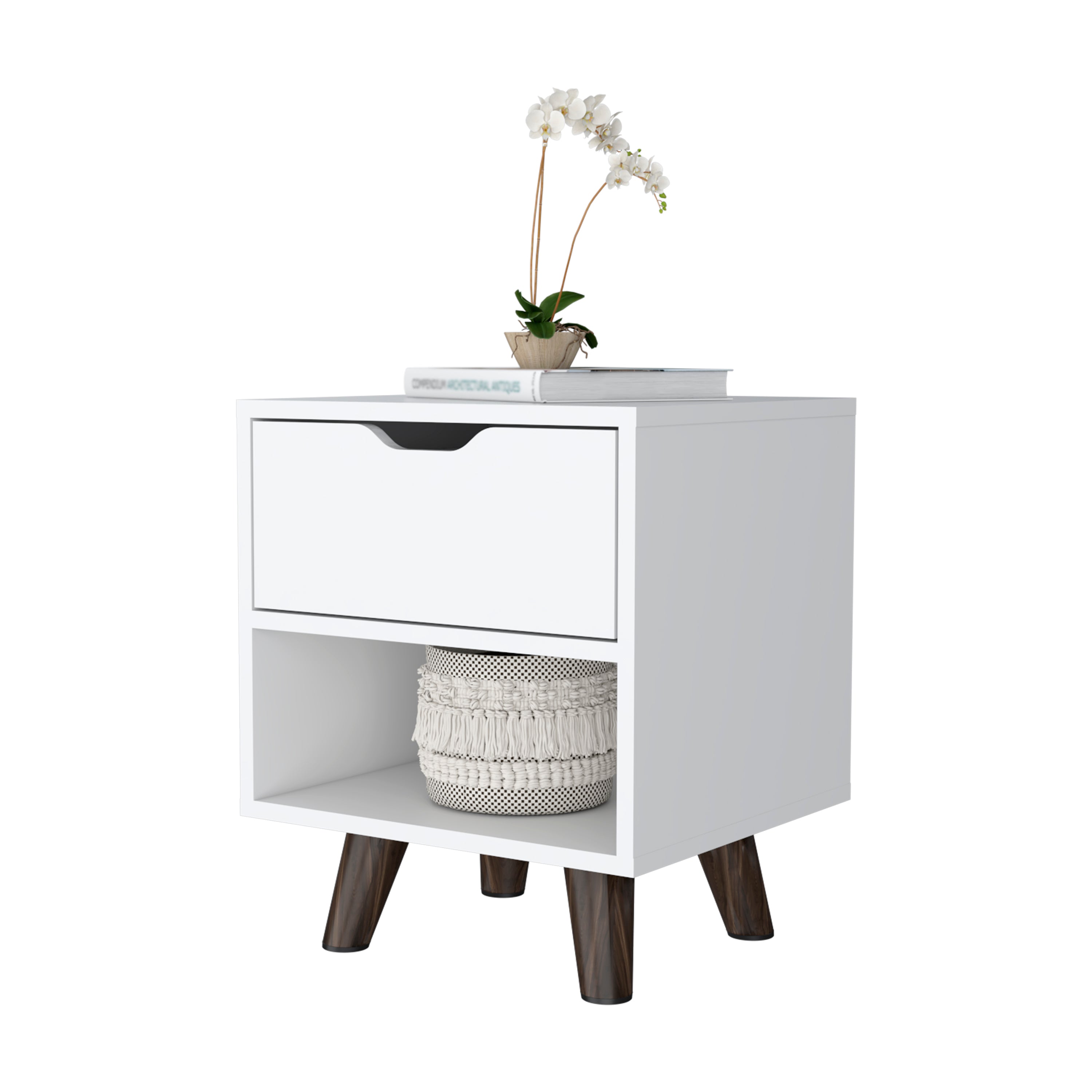 Cliff Modern Nightstand with Spacious Drawer, Open Storage Shelf and Chic Wooden Legs, White - Luciddepo