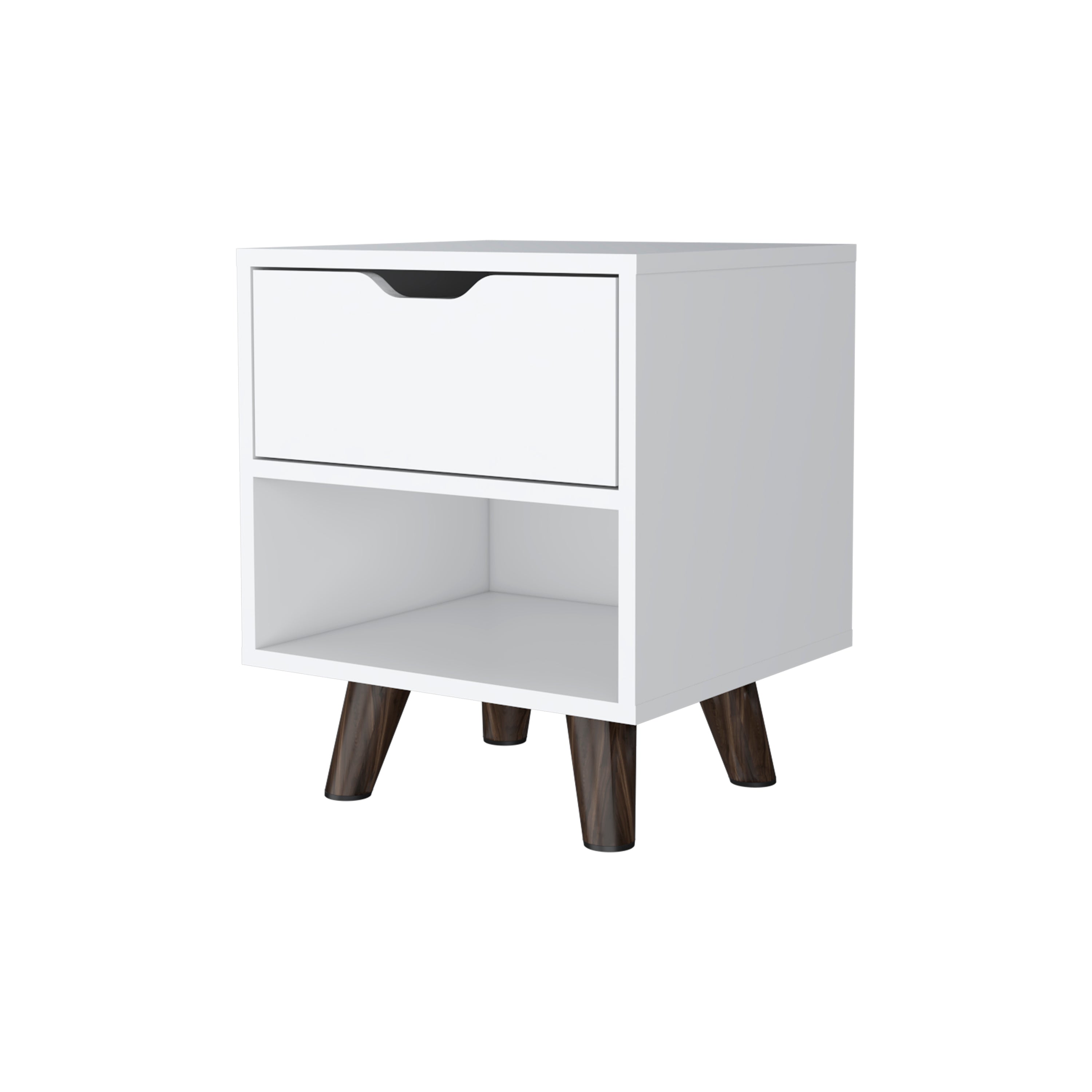 Cliff Modern Nightstand with Spacious Drawer, Open Storage Shelf and Chic Wooden Legs, White - Luciddepo