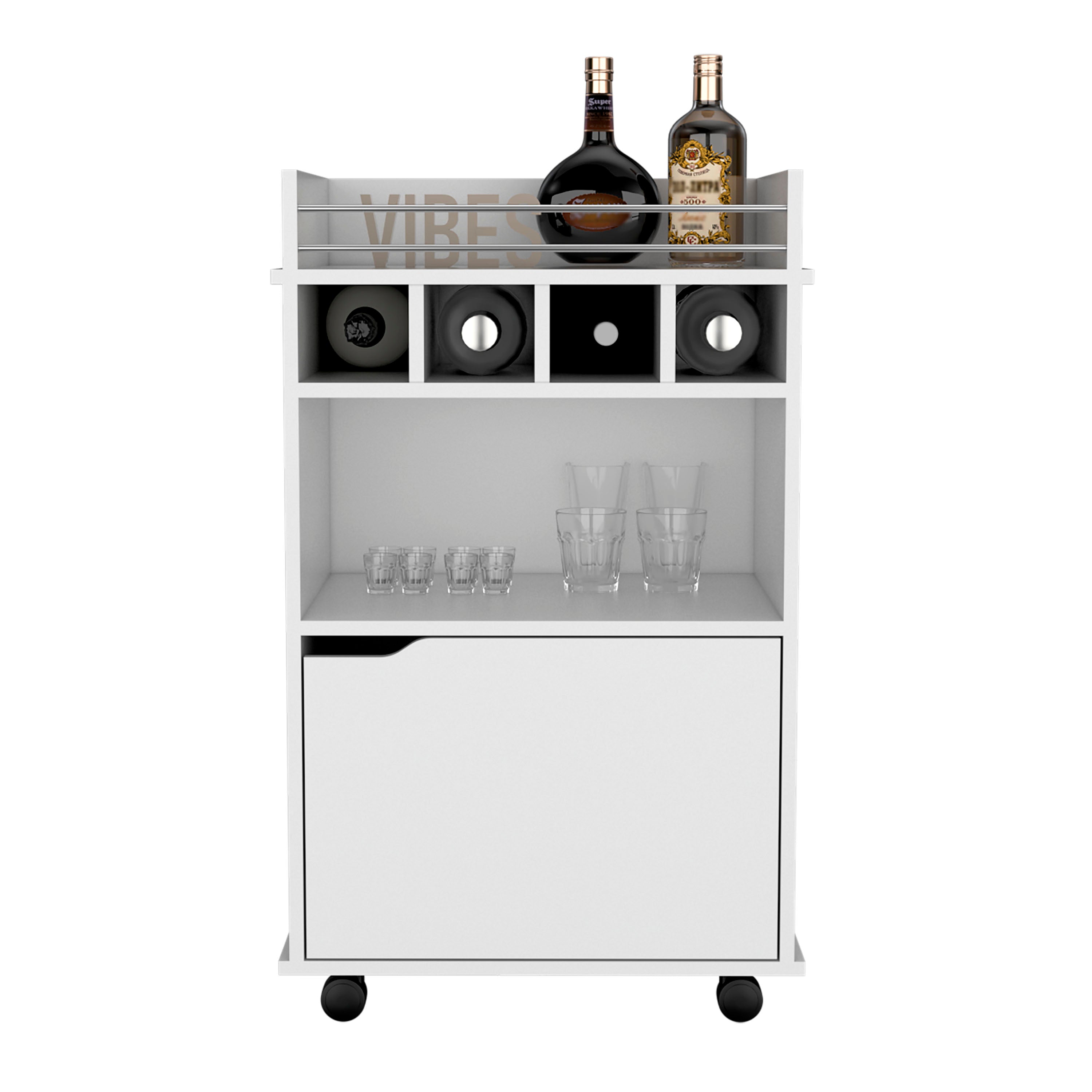 Sims 35" H Bar Cart with Two Shelves four Wine Cubbies and One Cabinet,White - Luciddepo