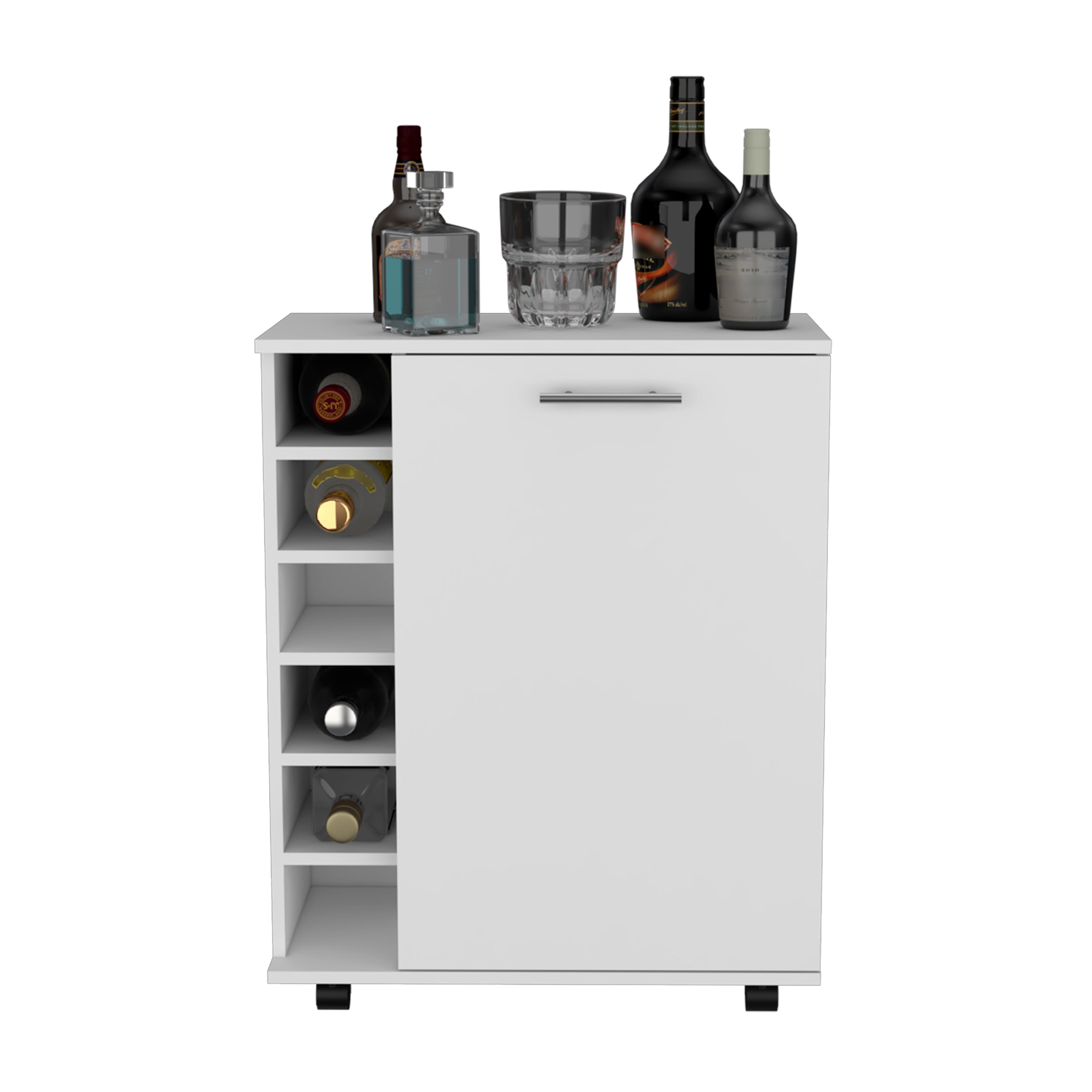 Tilden Bar Cart Sleek Mobile Cocktail Station with Built-in Bottle Storage, White - Luciddepo