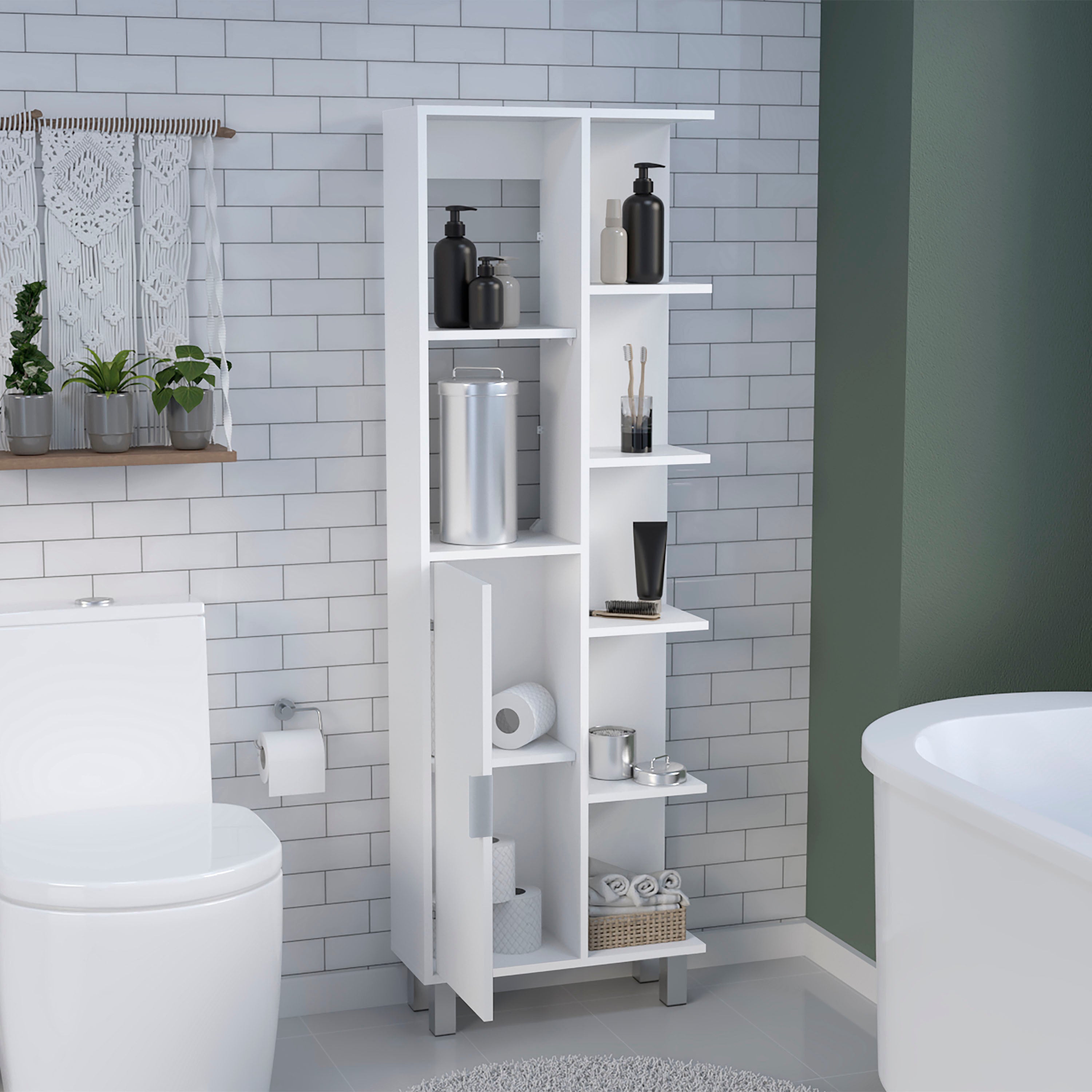 Mott 63" H Linen Bathroom Cabinet with Seven Open Shelves, One Drawer and four legs,White - Luciddepo