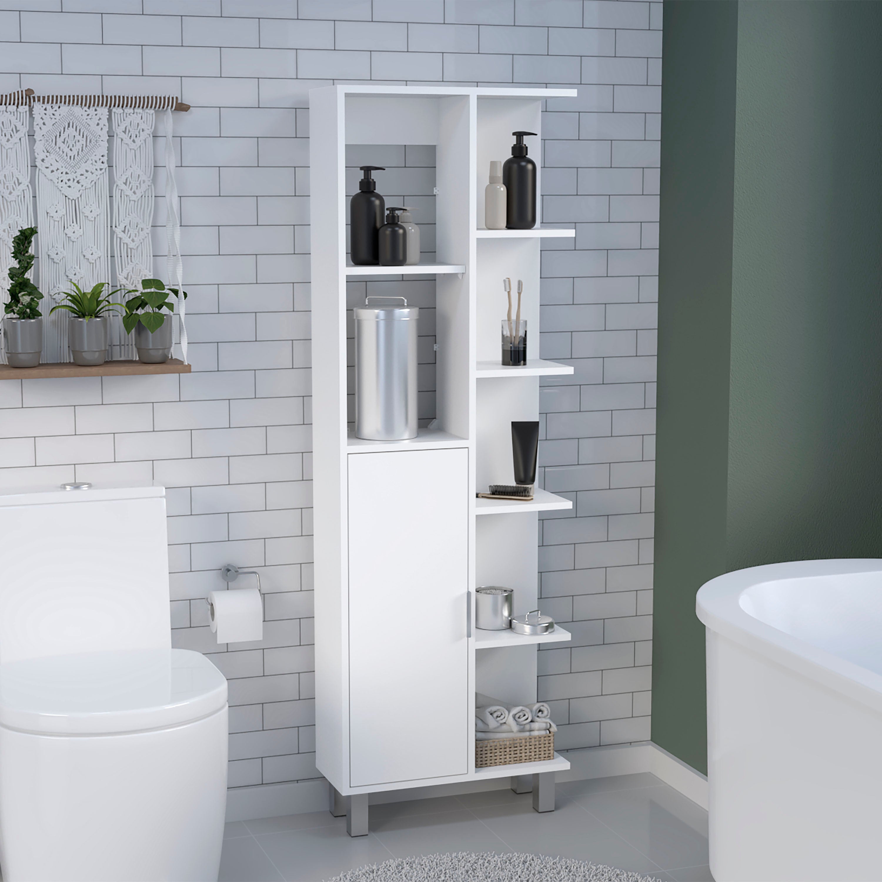 Mott 63" H Linen Bathroom Cabinet with Seven Open Shelves, One Drawer and four legs,White - Luciddepo