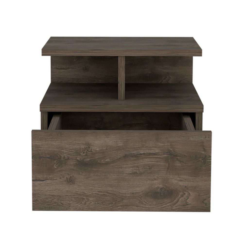 Seward Floating Nightstand, Wall Mounted with Single Drawer and 2-Tier Shelf, Dark Walnut - Luciddepo