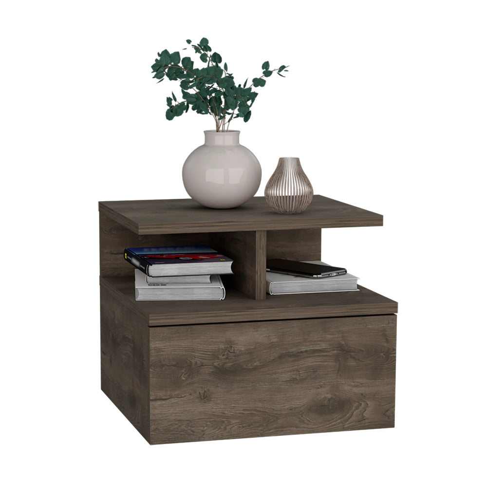 Seward Floating Nightstand, Wall Mounted with Single Drawer and 2-Tier Shelf, Dark Walnut - Luciddepo