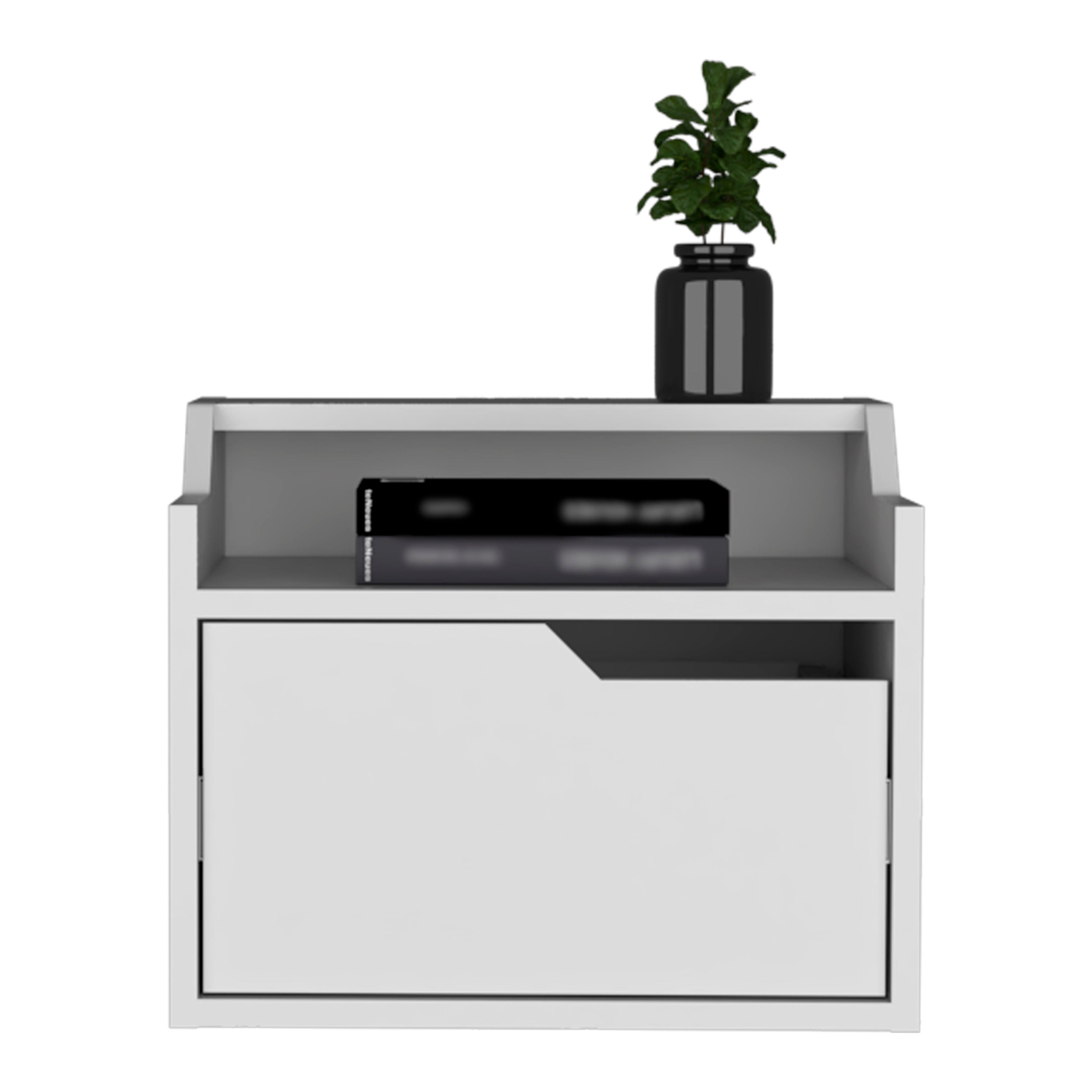 Winchester Floating Nightstand, Modern Dual-Tier Design with Spacious Single Drawer Storage, White - Luciddepo