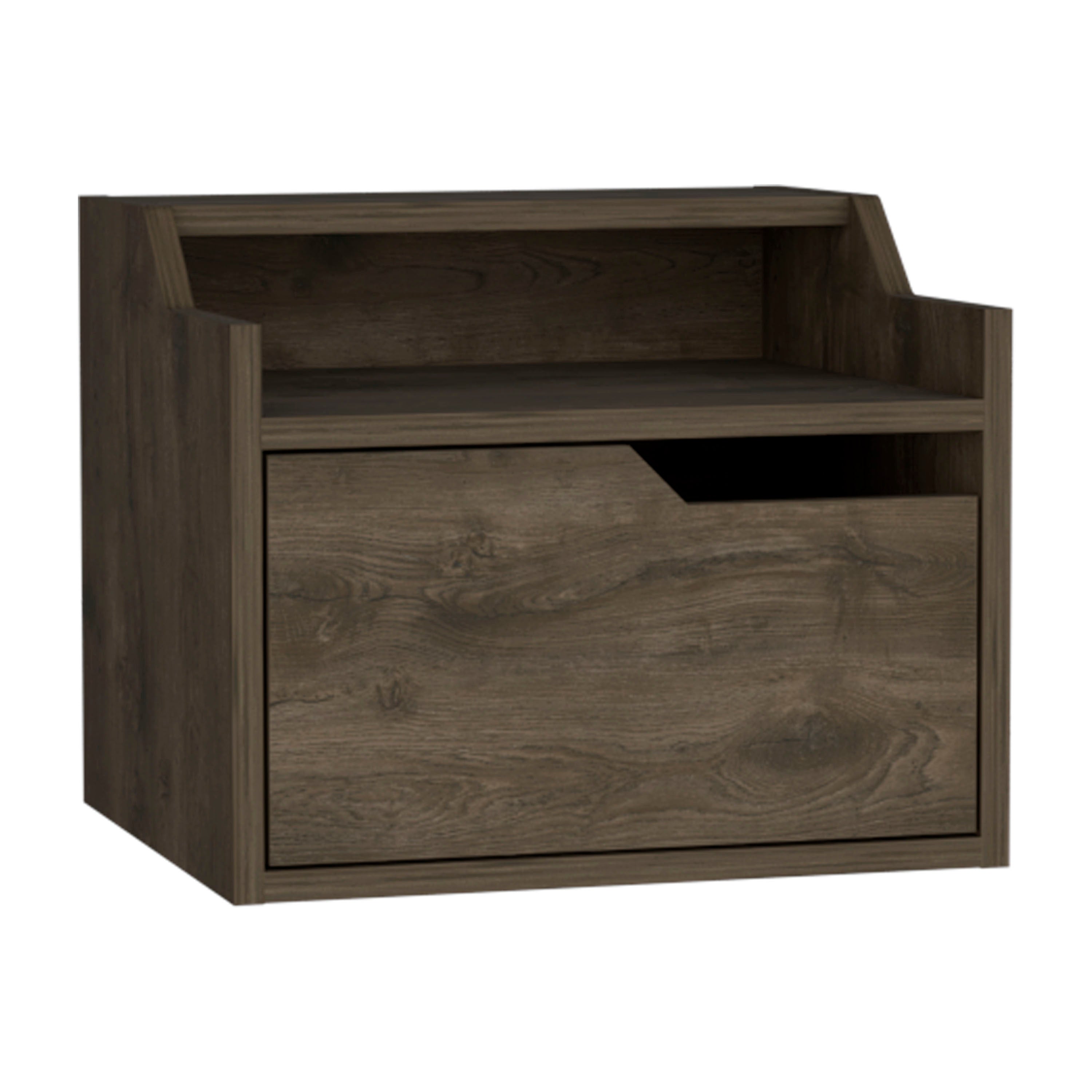 Winchester Floating Nightstand, Modern Dual-Tier Design with Spacious Single Drawer Storage, Dark Brown - Luciddepo
