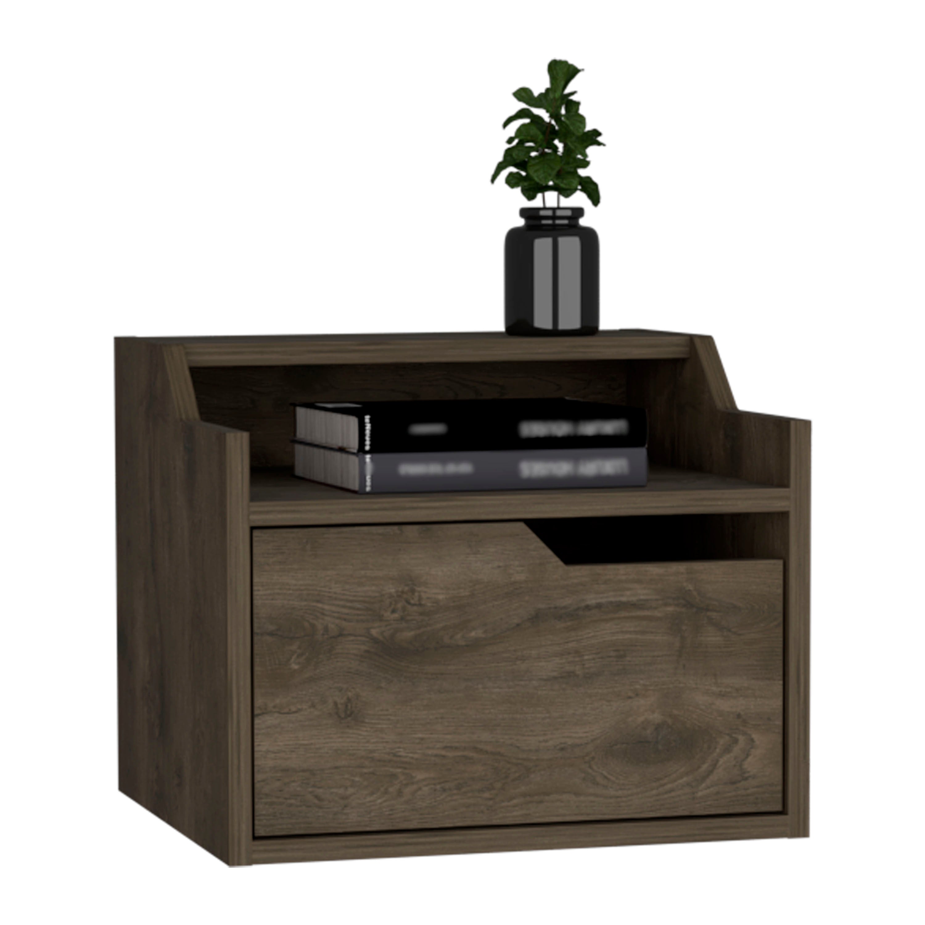 Winchester Floating Nightstand, Modern Dual-Tier Design with Spacious Single Drawer Storage, Dark Brown - Luciddepo