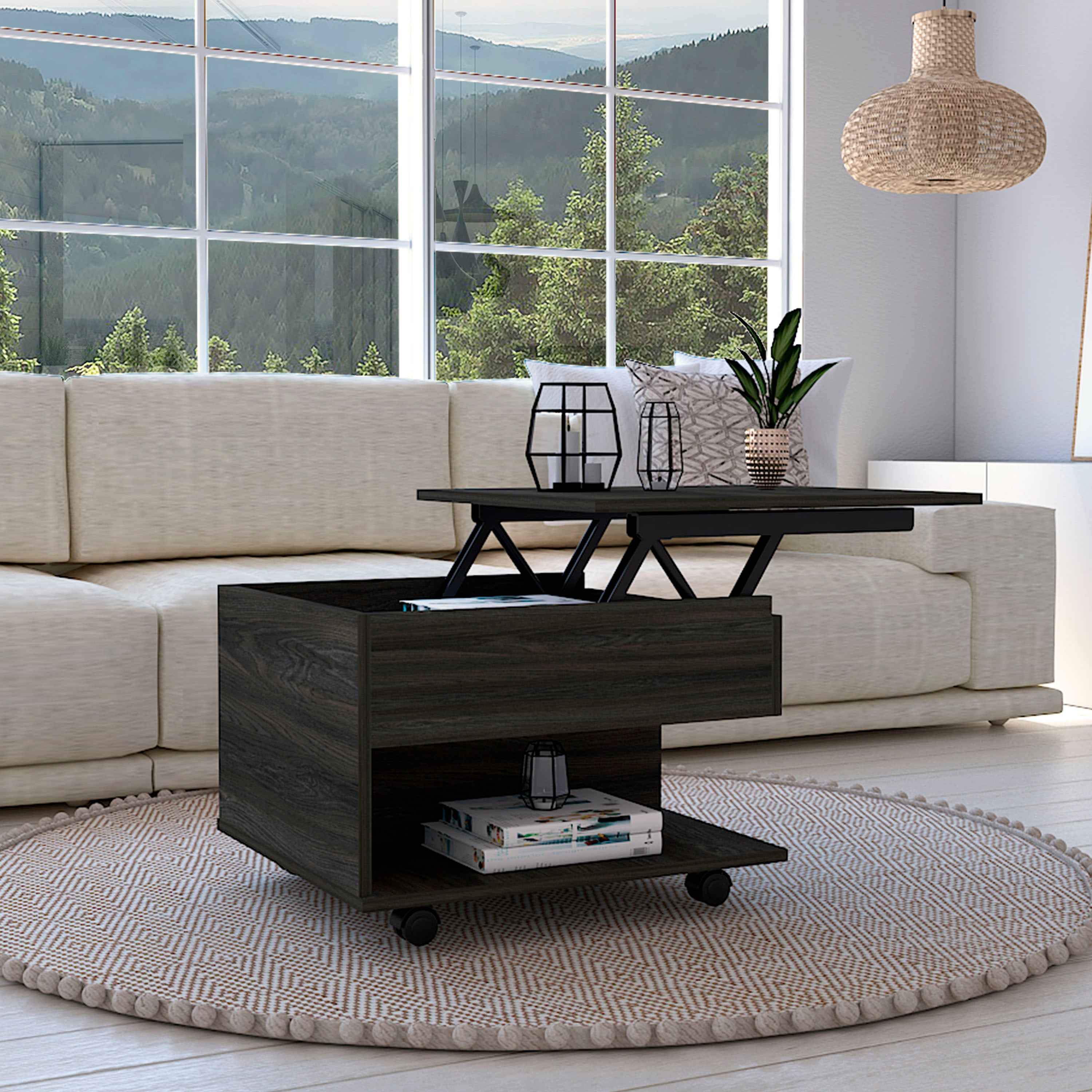 DEPOT E-SHOP Babel Lift Top Coffee Table with Casters and One Shelf, Carbon Espresso