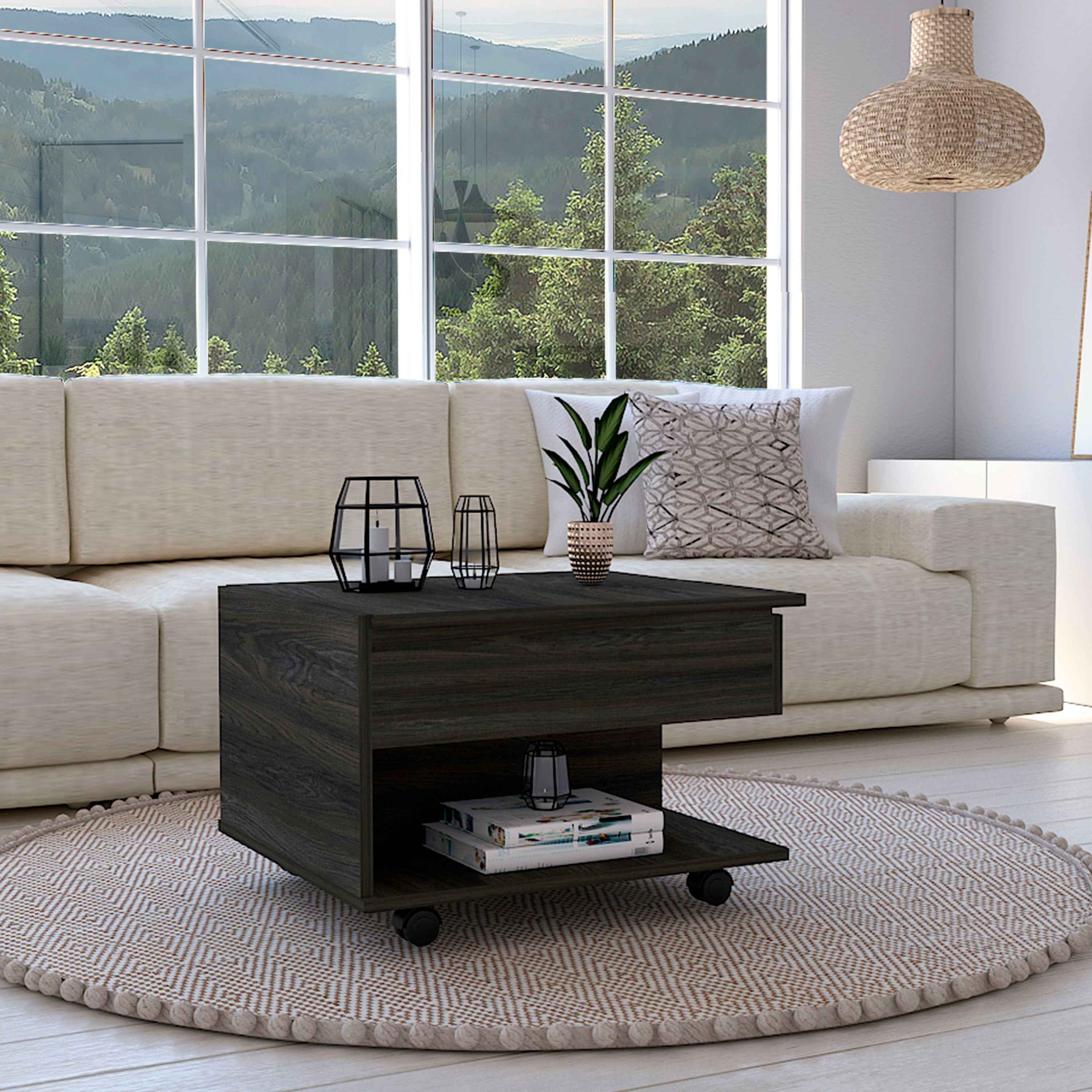 DEPOT E-SHOP Babel Lift Top Coffee Table with Casters and One Shelf, Carbon Espresso