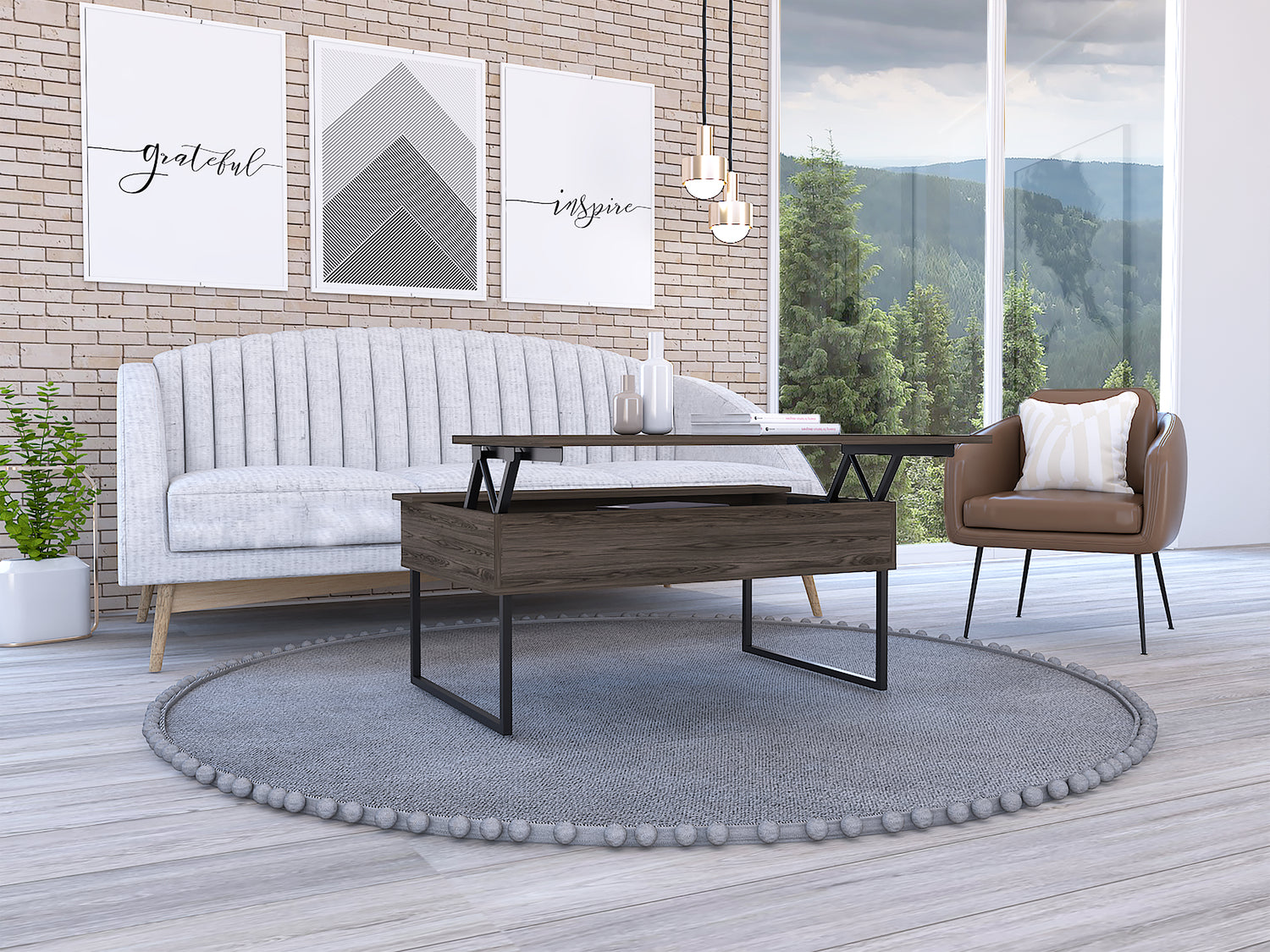 Viena Lift Top Coffee Table, Flexible Shelf, Two Legs , Dark Walnut - Luciddepo