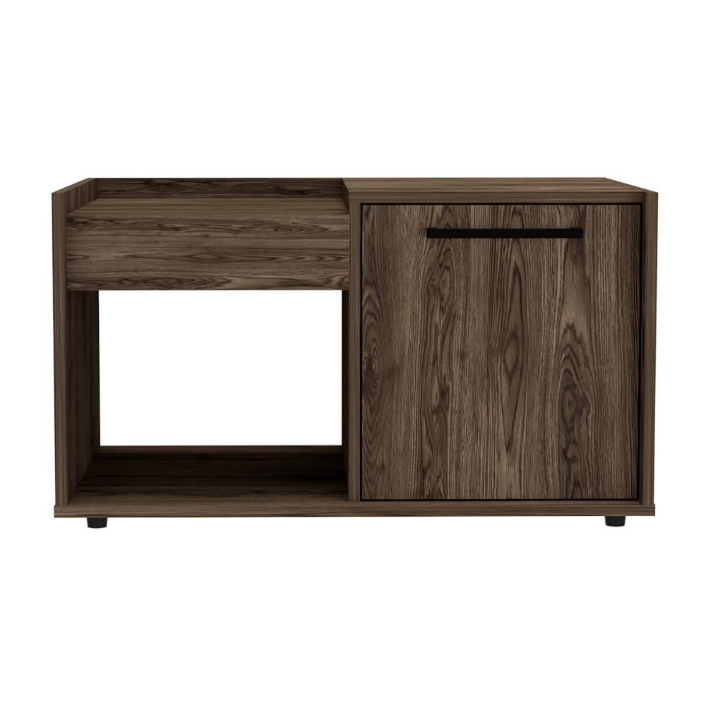 Ambar Coffee Table, One Open Shelf, Single Door Cabinet, Dark Walnut - Luciddepo