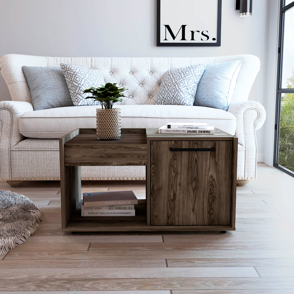 Ambar Coffee Table, One Open Shelf, Single Door Cabinet, Dark Walnut - Luciddepo