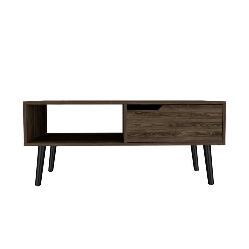Kobe Coffee Table, One Open Shelf, One Drawer, Dark Walnut - Luciddepo
