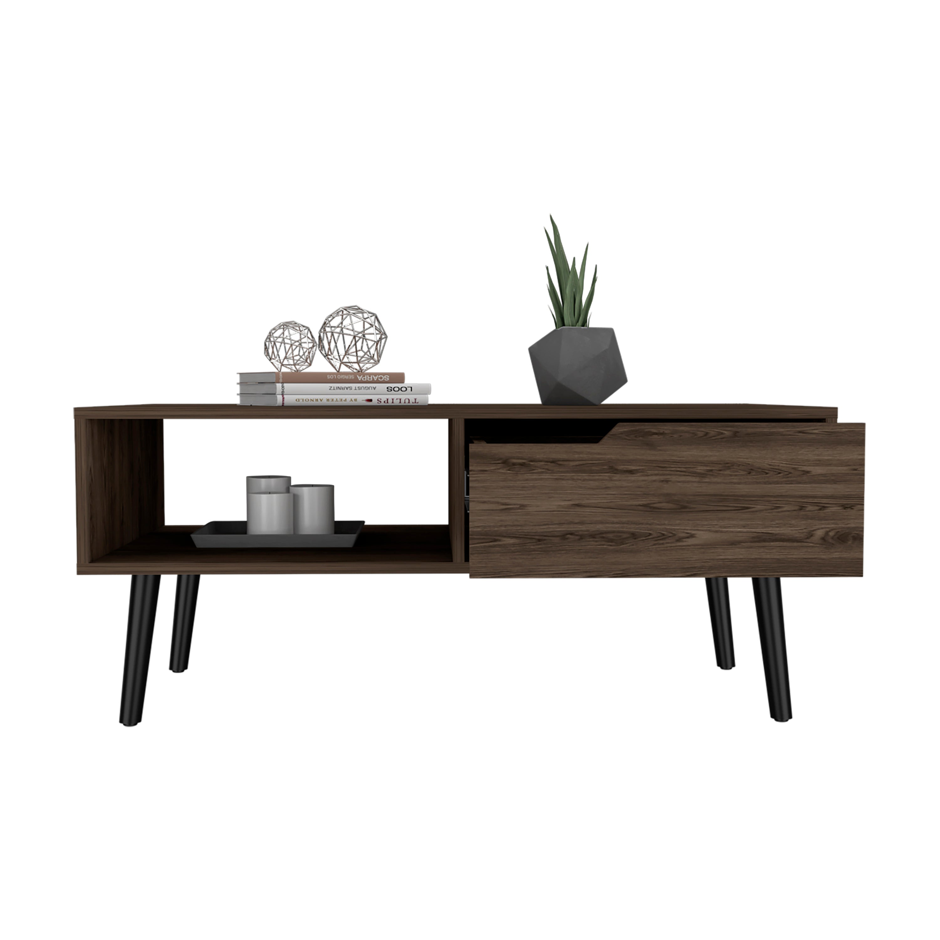 Kobe Coffee Table, One Open Shelf, One Drawer, Dark Walnut - Luciddepo