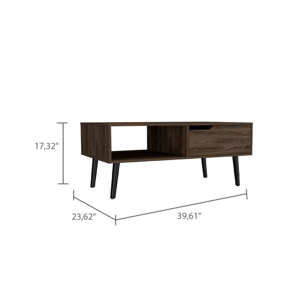 Kobe Coffee Table, One Open Shelf, One Drawer, Dark Walnut - Luciddepo
