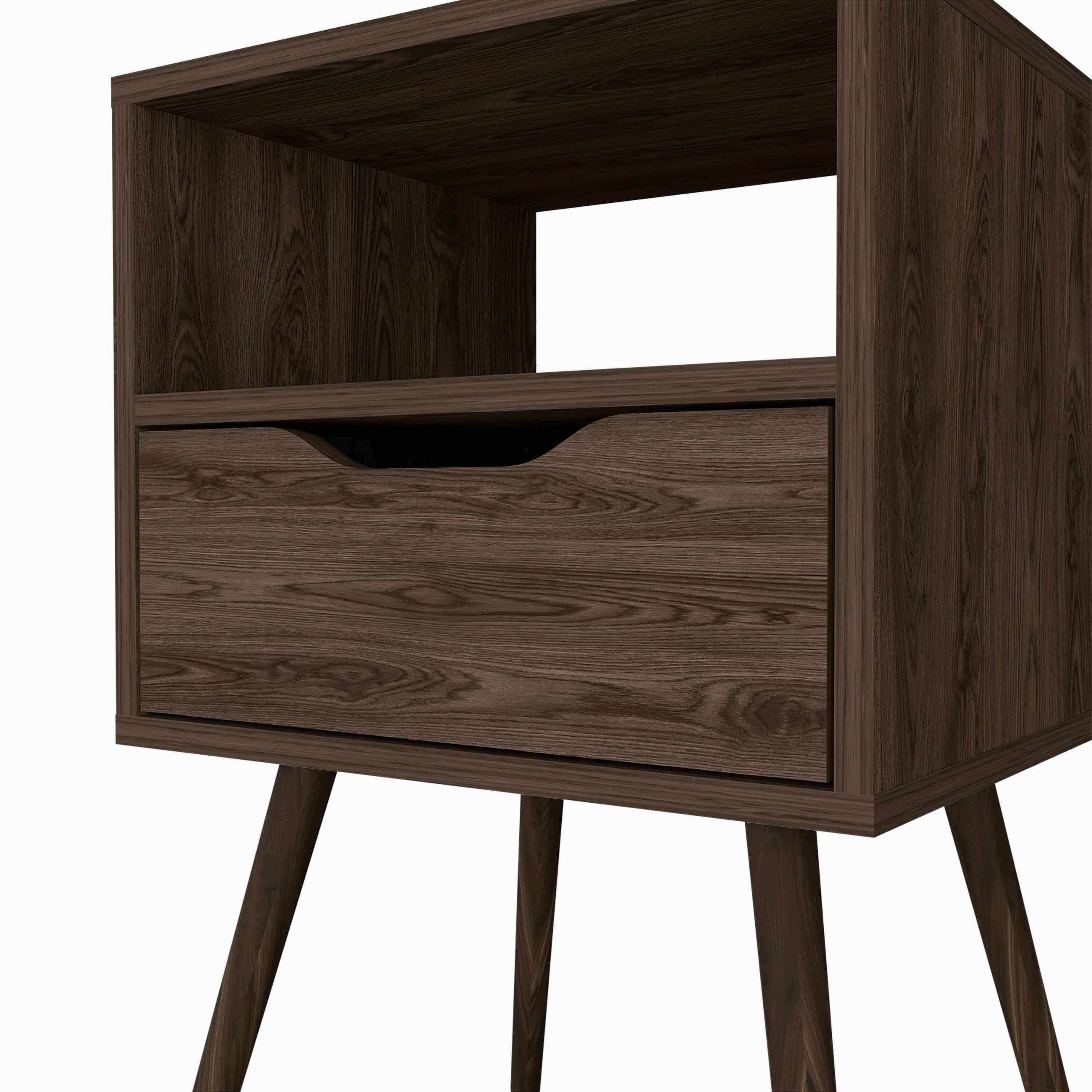 Emma Nightstand, Superior Top, Four Legs, One Open Shelf, One Drawer, Dark Walnut