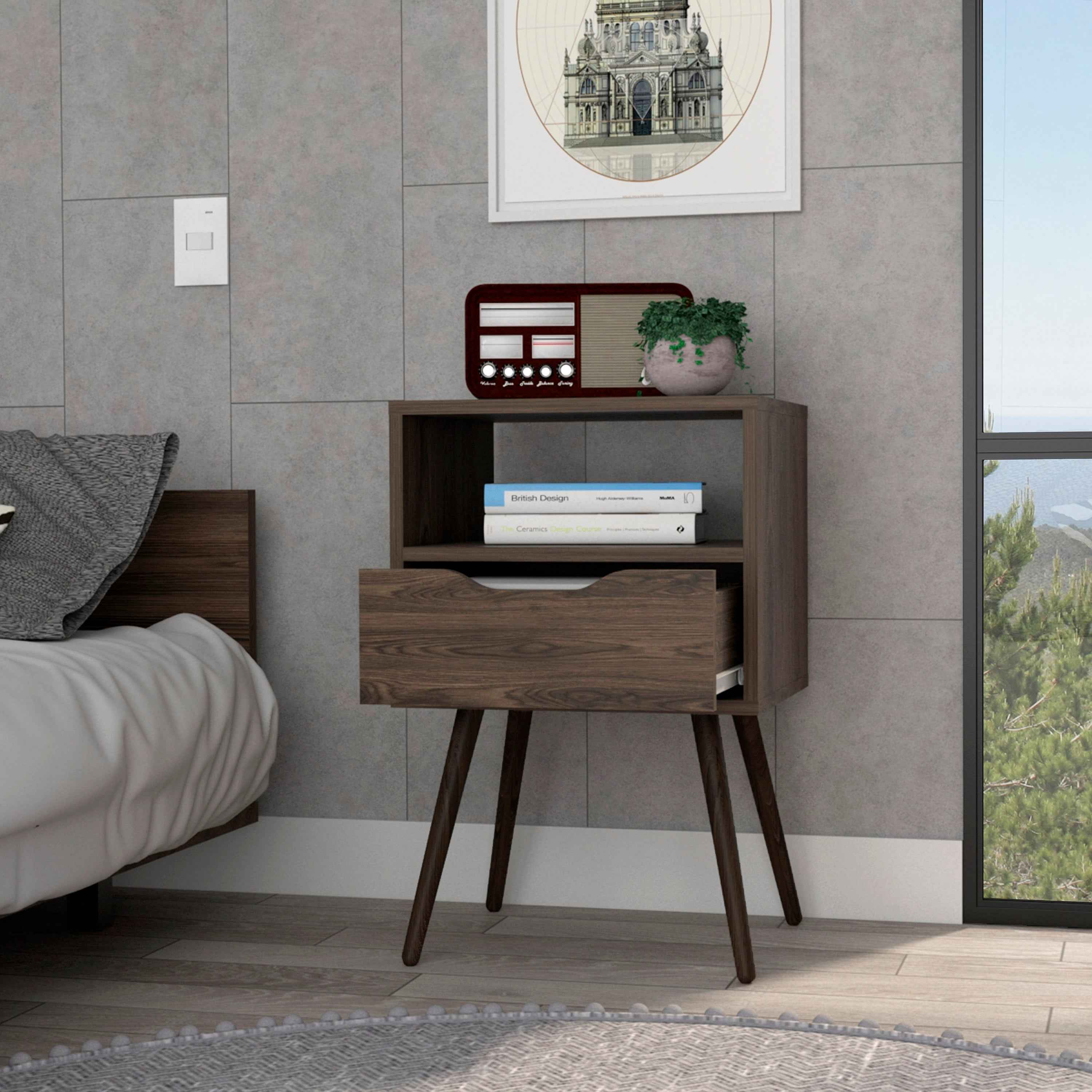 Emma Nightstand, Superior Top, Four Legs, One Open Shelf, One Drawer, Dark Walnut