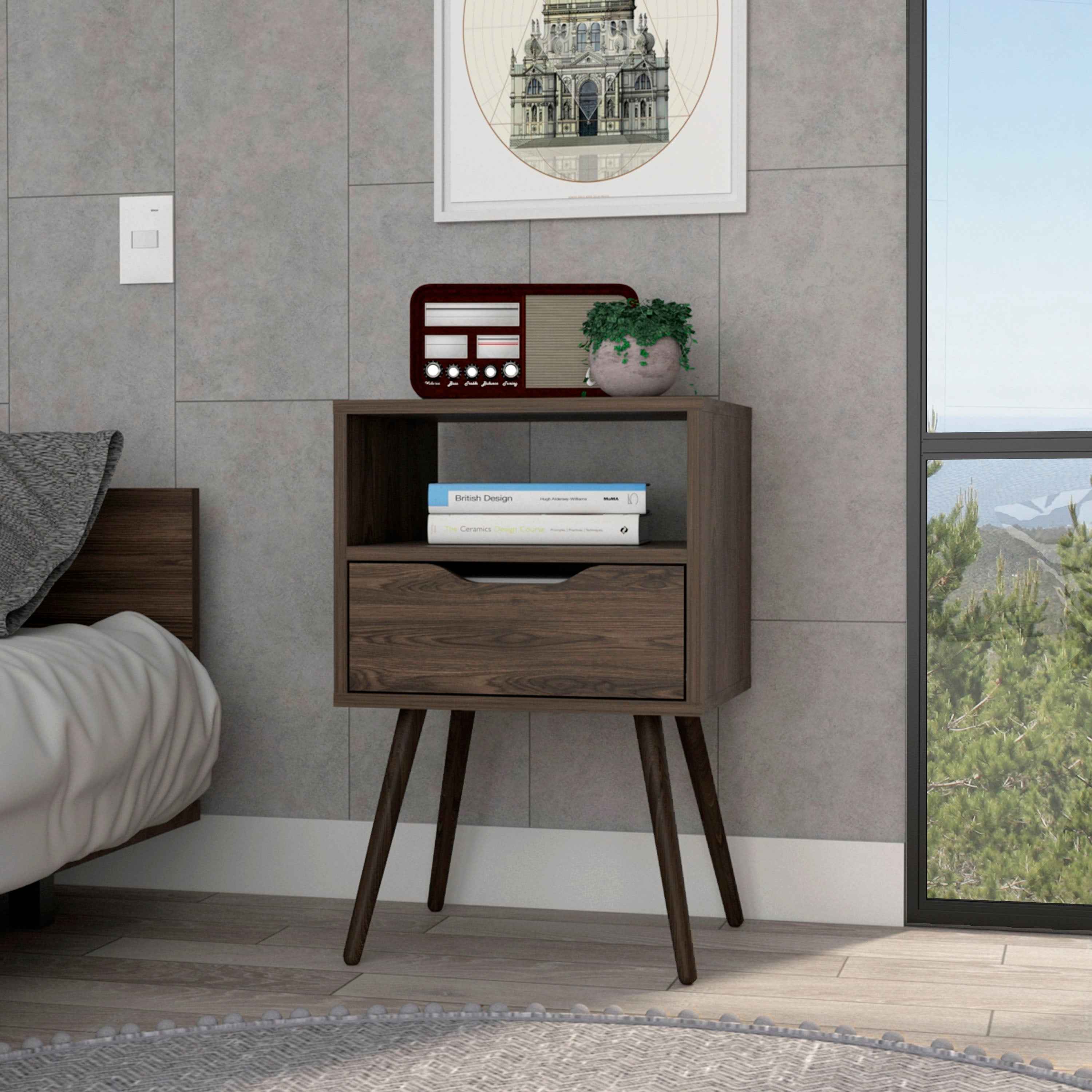 Emma Nightstand, Superior Top, Four Legs, One Open Shelf, One Drawer, Dark Walnut
