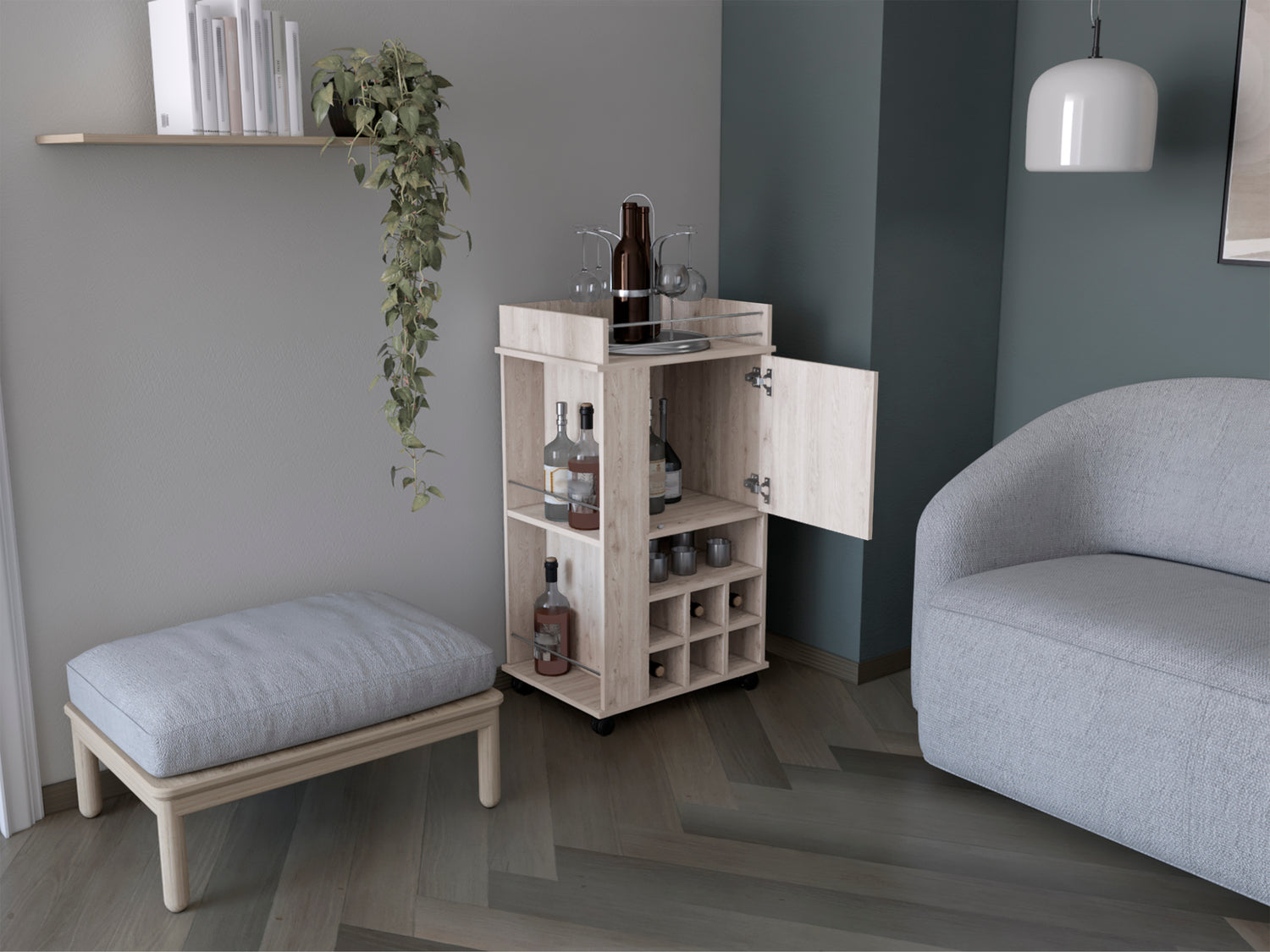 Fraser Bar Cart with 6 Built-in Wine Rack and Casters, Light Gray - Luciddepo