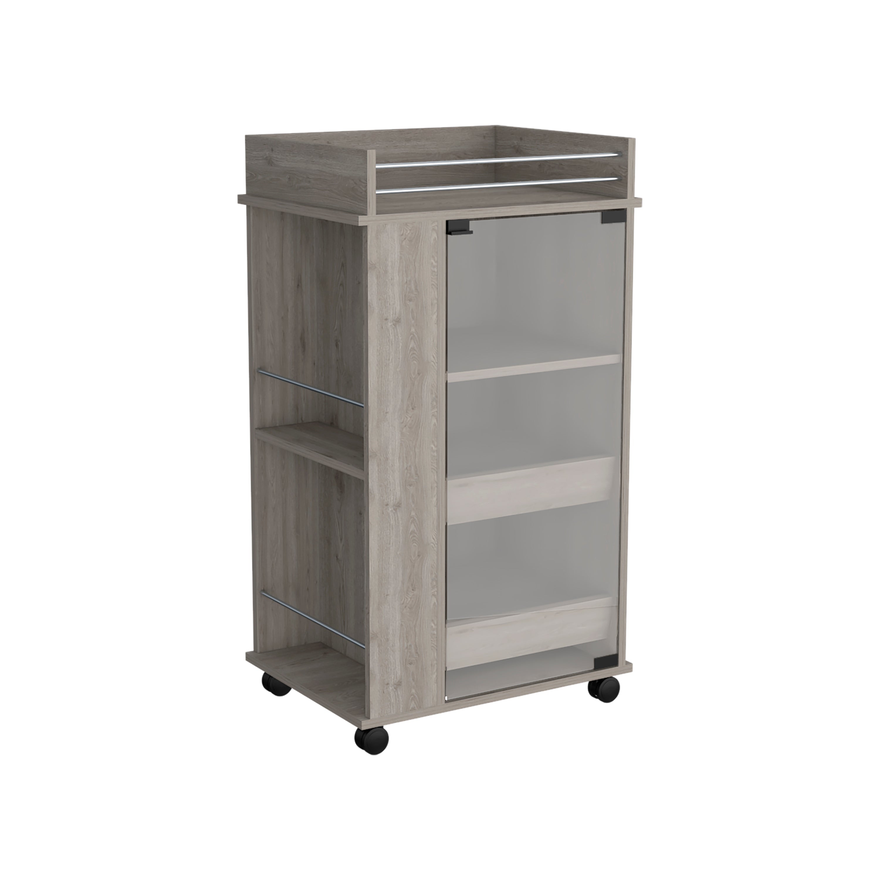 Lansing Bar Cart with Glass Door, 2-Side Shelves and Casters, Light Gray - Luciddepo
