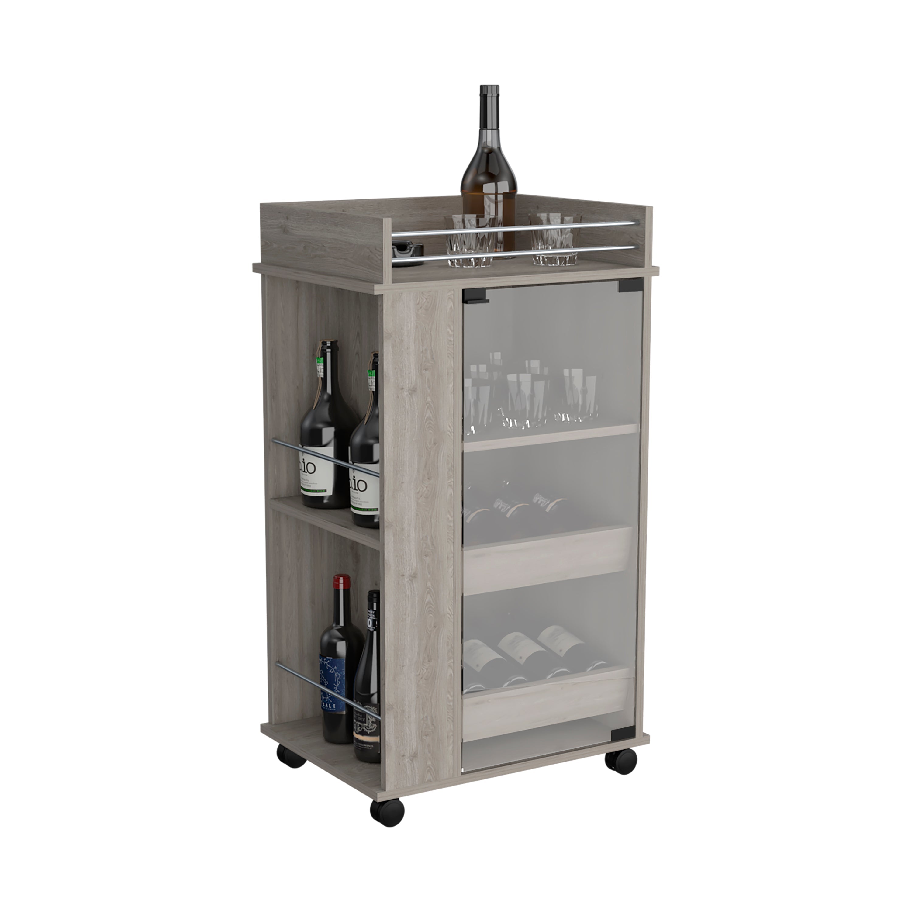 Lansing Bar Cart with Glass Door, 2-Side Shelves and Casters, Light Gray - Luciddepo