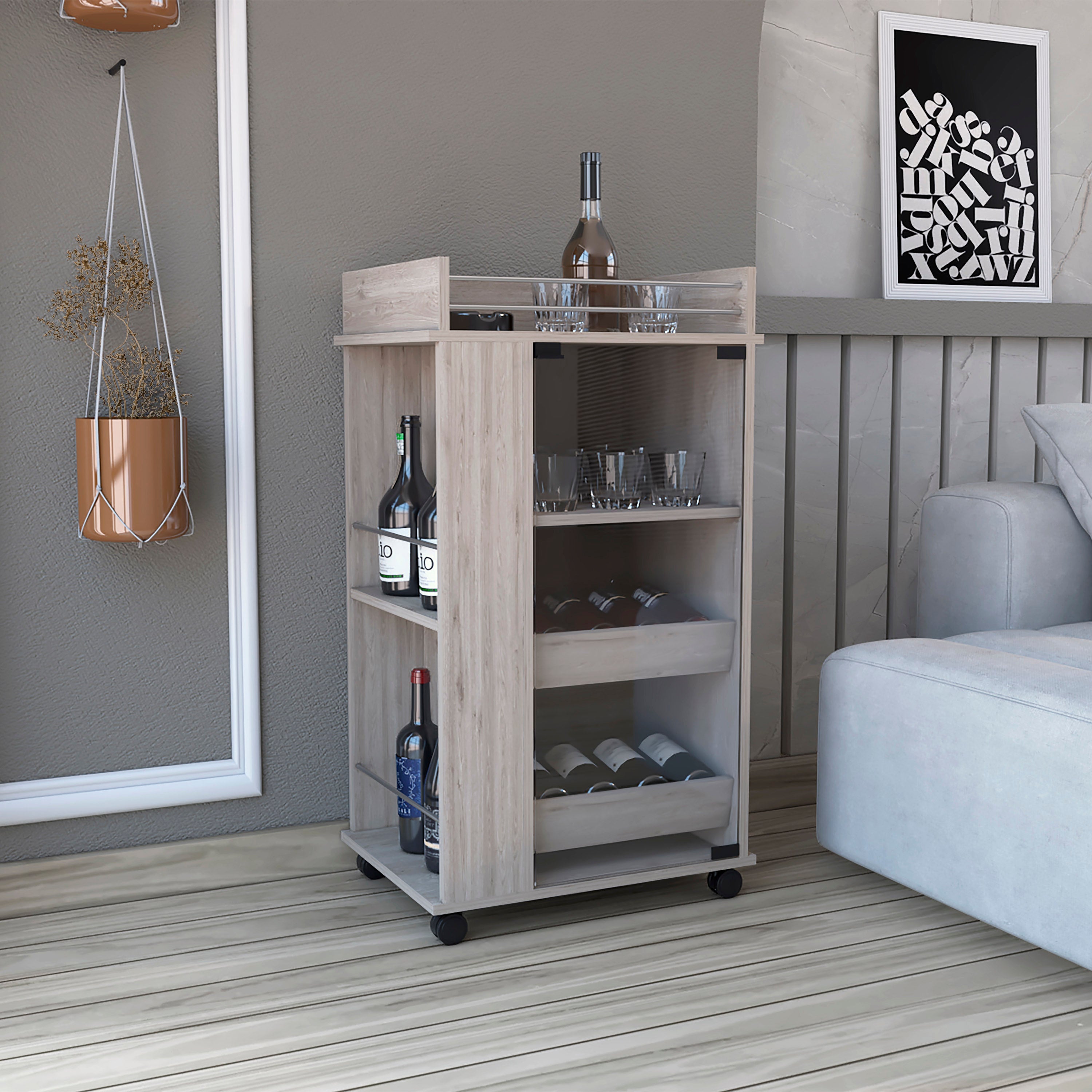 Lansing Bar Cart with Glass Door, 2-Side Shelves and Casters, Light Gray - Luciddepo