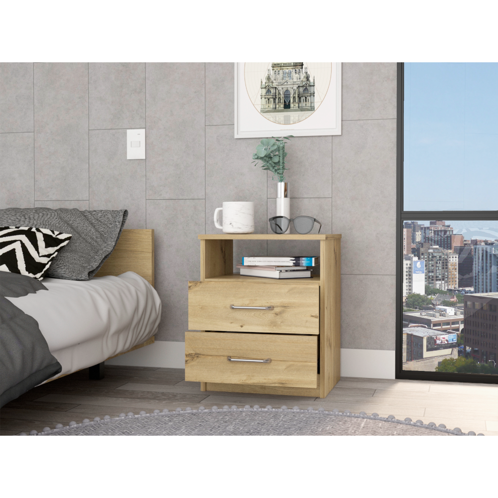 Salento Nightstand, Two Drawers, One Shelf, Superior Top, Light Oak - Luciddepo