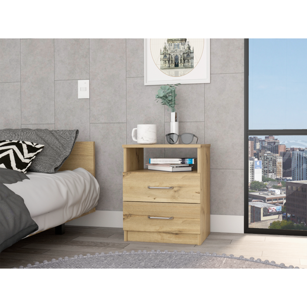 Salento Nightstand, Two Drawers, One Shelf, Superior Top, Light Oak - Luciddepo