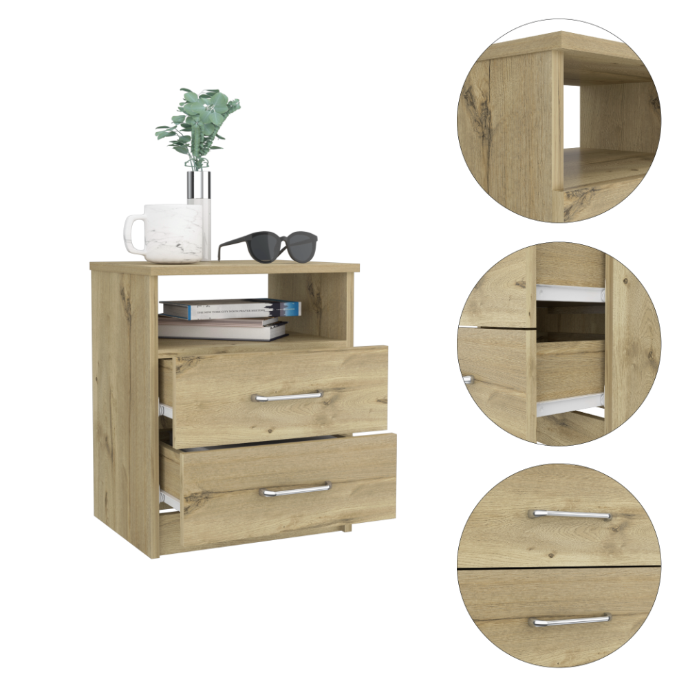 Salento Nightstand, Two Drawers, One Shelf, Superior Top, Light Oak - Luciddepo