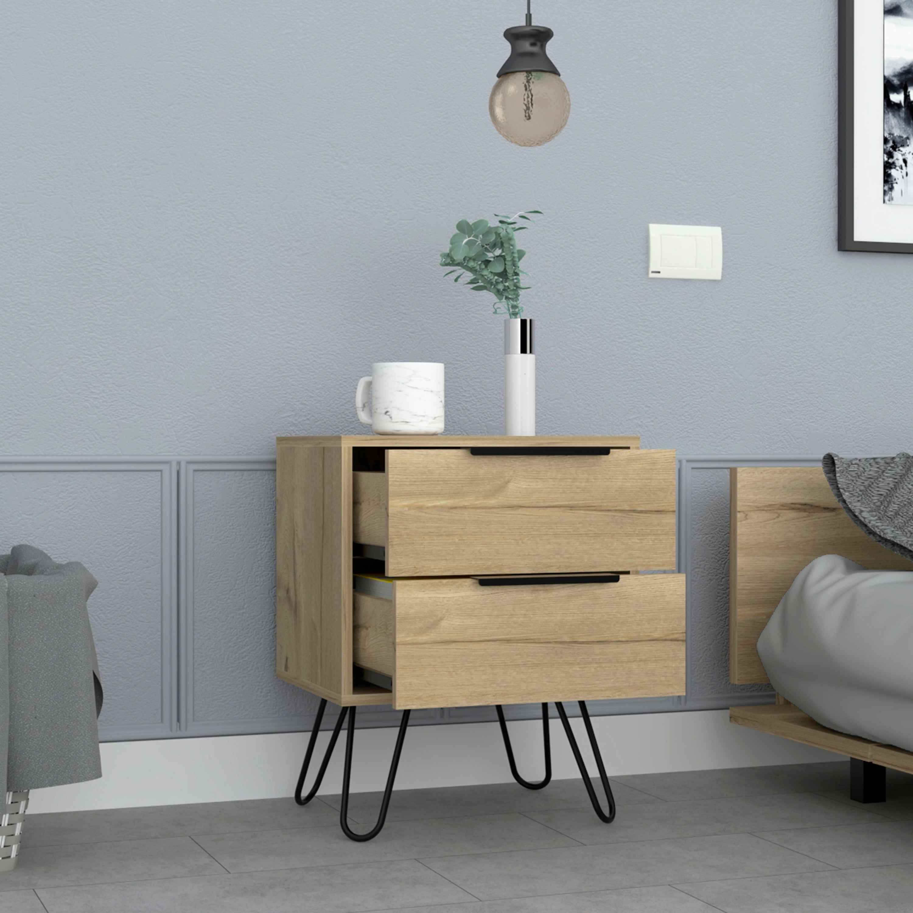 Begonia 2 Nightstand, Hairpin Legs, Two Drawers, Light Oak