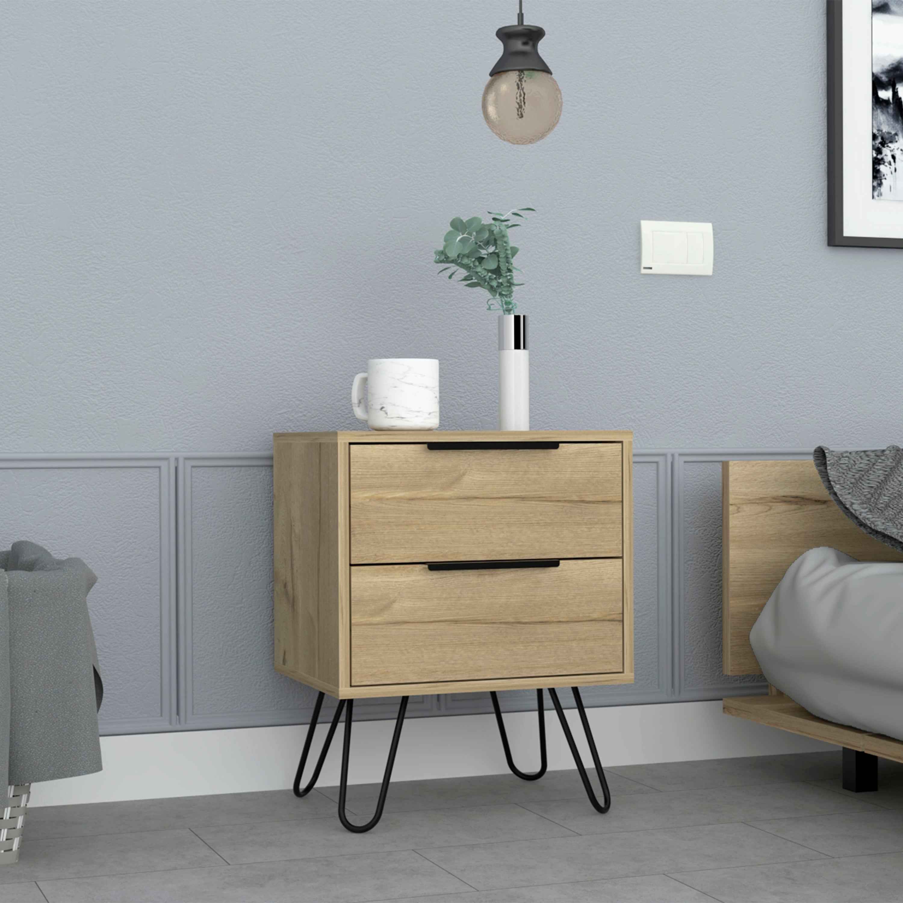 Begonia 2 Nightstand, Hairpin Legs, Two Drawers, Light Oak
