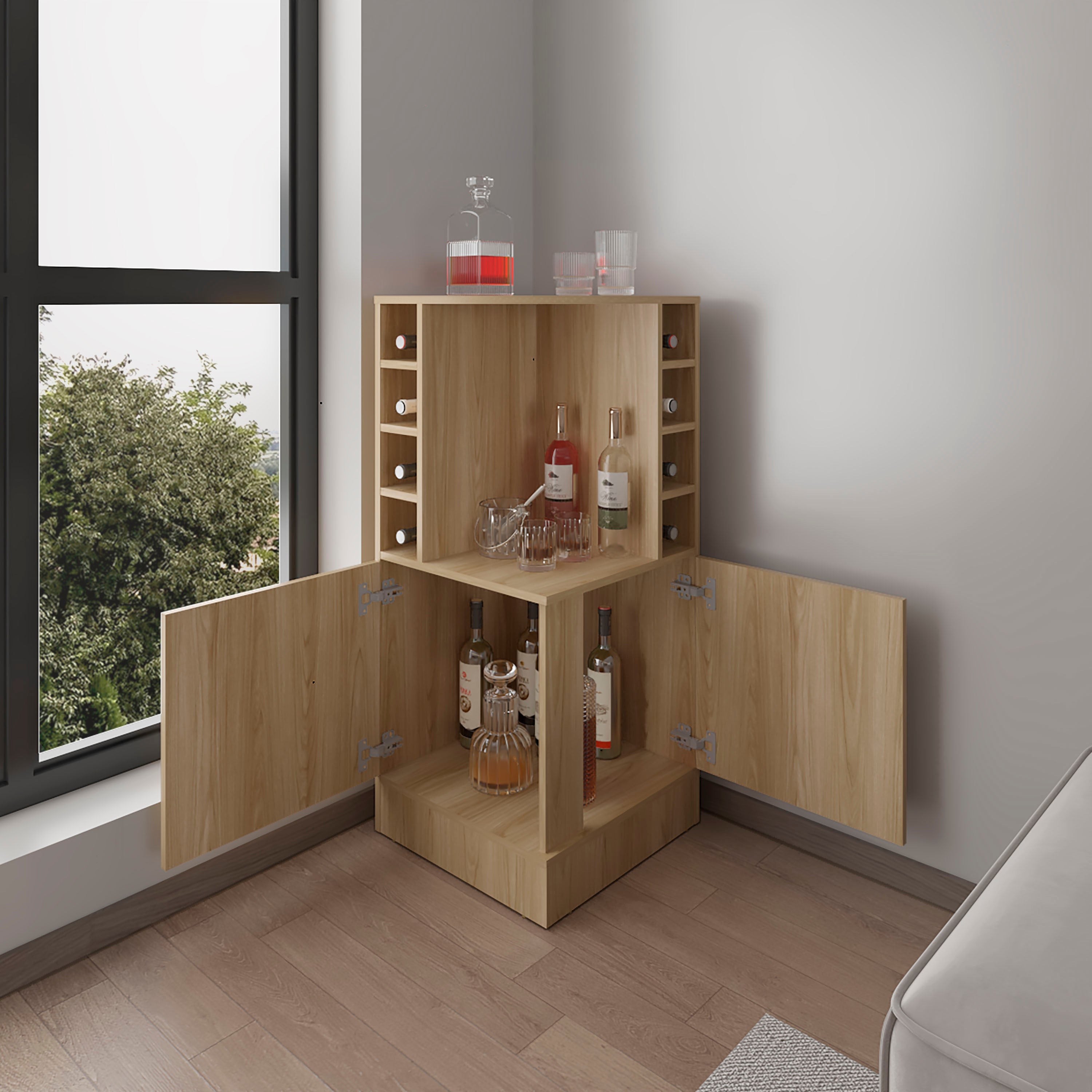 norwich Bar Cabinet, 2 Doors, 8 Wine Bottle Compartments, Natural Oak - Luciddepo