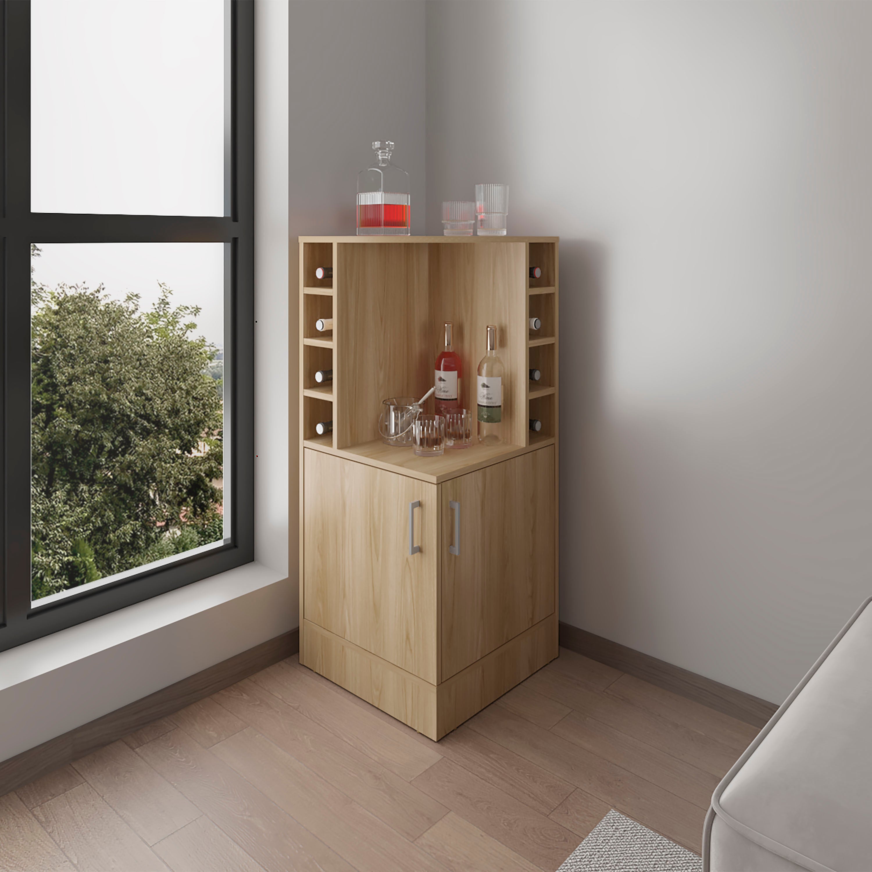 norwich Bar Cabinet, 2 Doors, 8 Wine Bottle Compartments, Natural Oak - Luciddepo