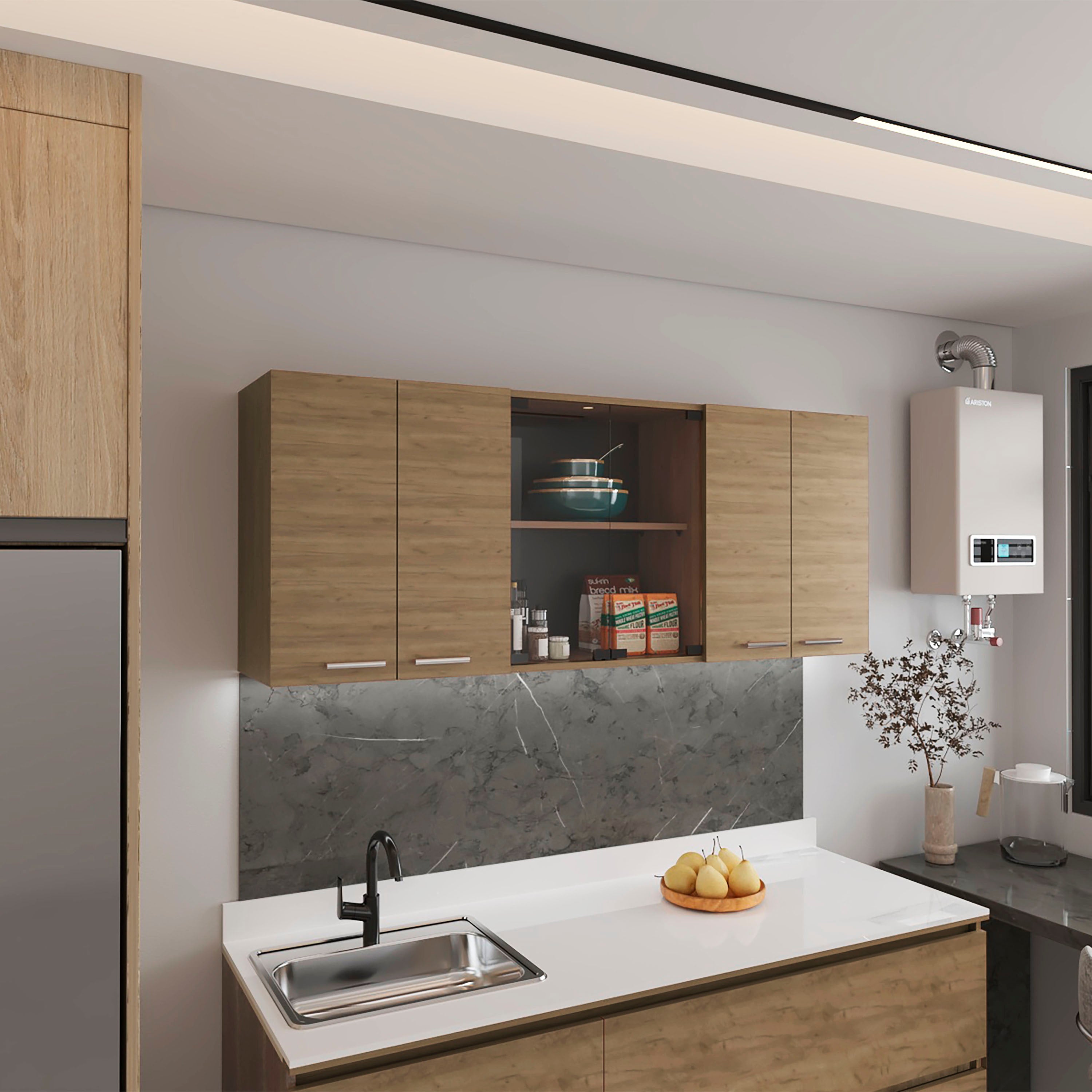 Oceana 150 Wall Cabinet with Four Doors, Two Internal Shelves, Internal Plate and Glass Organizer, Two Storage Shelves with Two Glass Doors, Natural Oak - Luciddepo