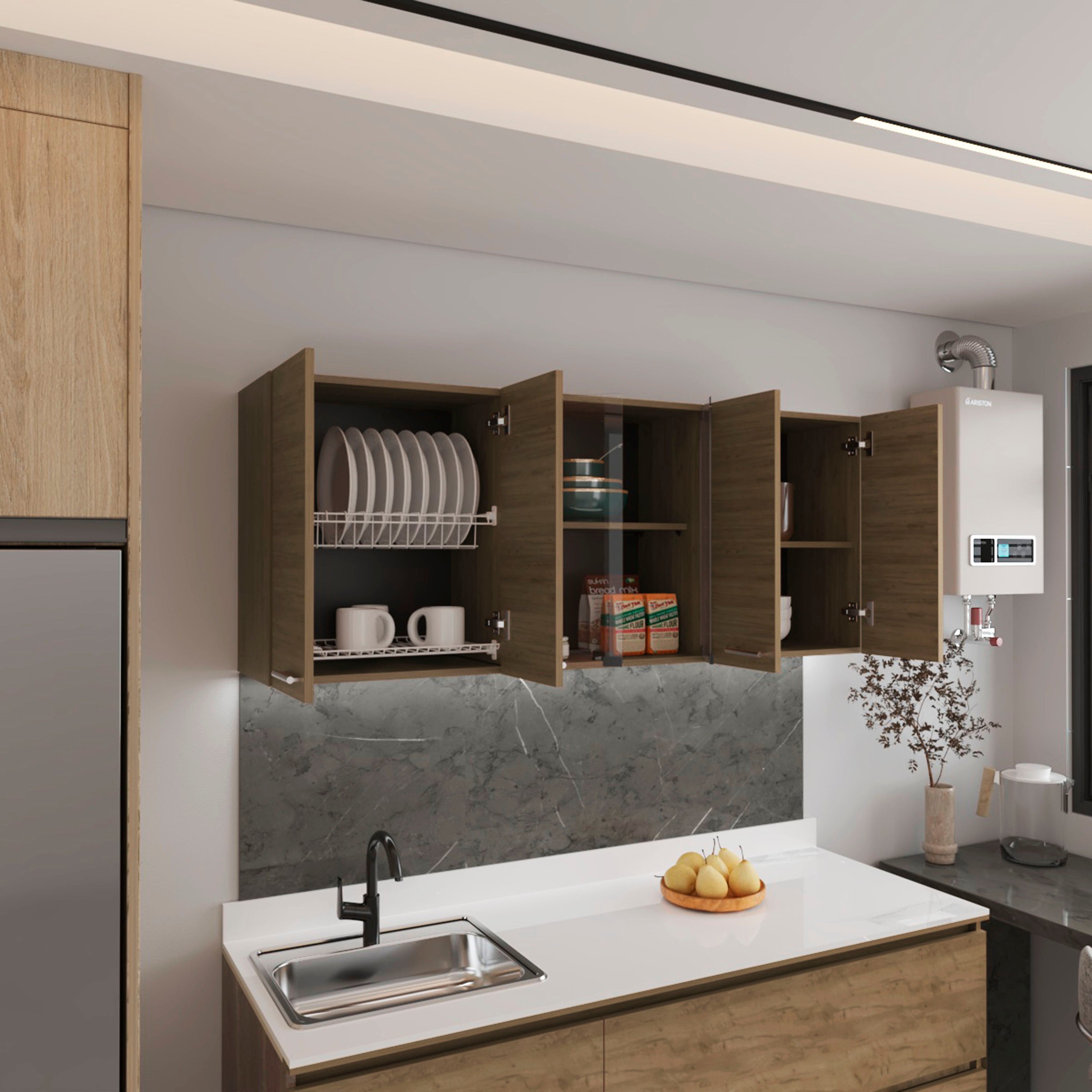 Oceana 150 Wall Cabinet with Four Doors, Two Internal Shelves, Internal Plate and Glass Organizer, Two Storage Shelves with Two Glass Doors, Natural Oak - Luciddepo