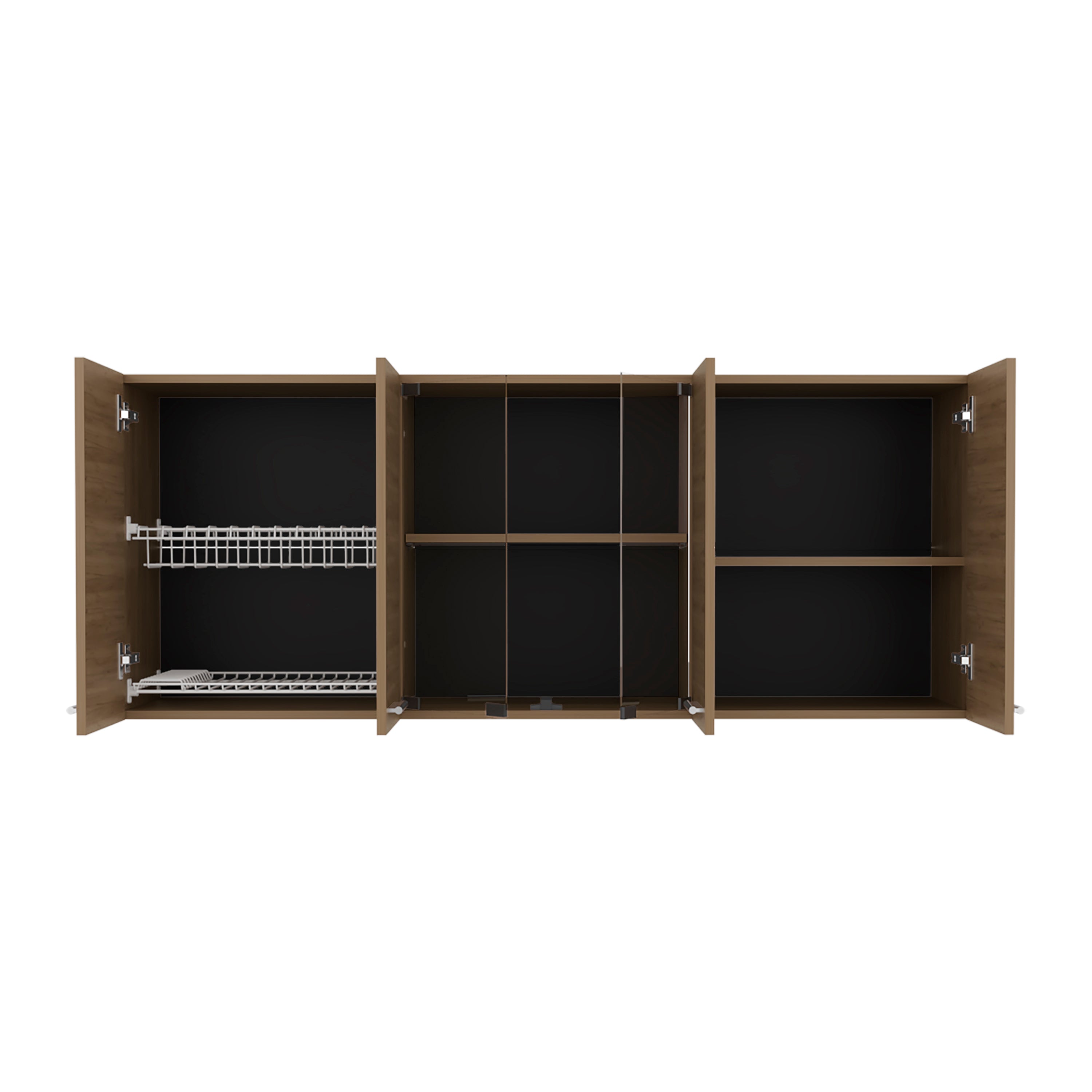 Oceana 150 Wall Cabinet with Four Doors, Two Internal Shelves, Internal Plate and Glass Organizer, Two Storage Shelves with Two Glass Doors, Natural Oak - Luciddepo