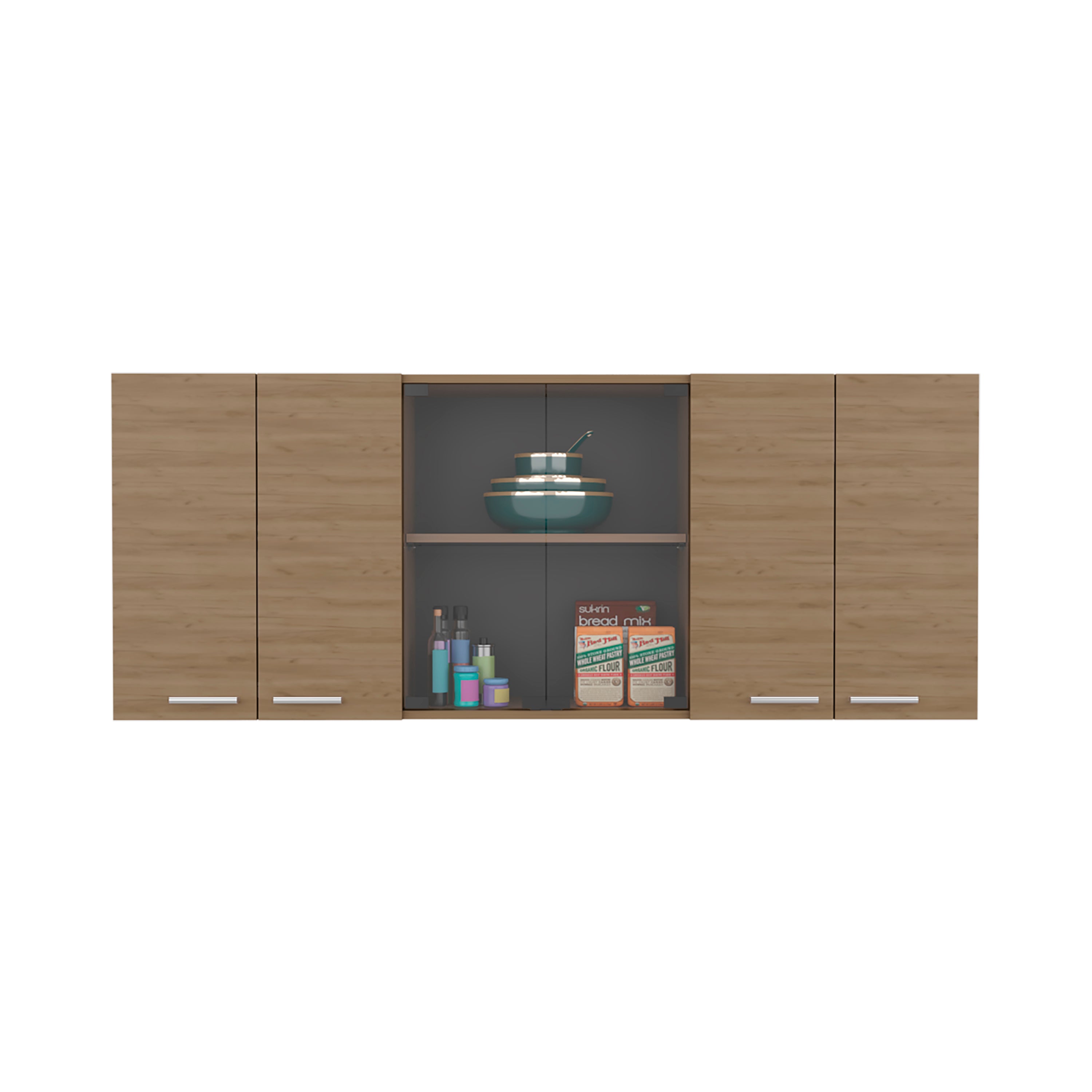 Oceana 150 Wall Cabinet with Four Doors, Two Internal Shelves, Internal Plate and Glass Organizer, Two Storage Shelves with Two Glass Doors, Natural Oak - Luciddepo