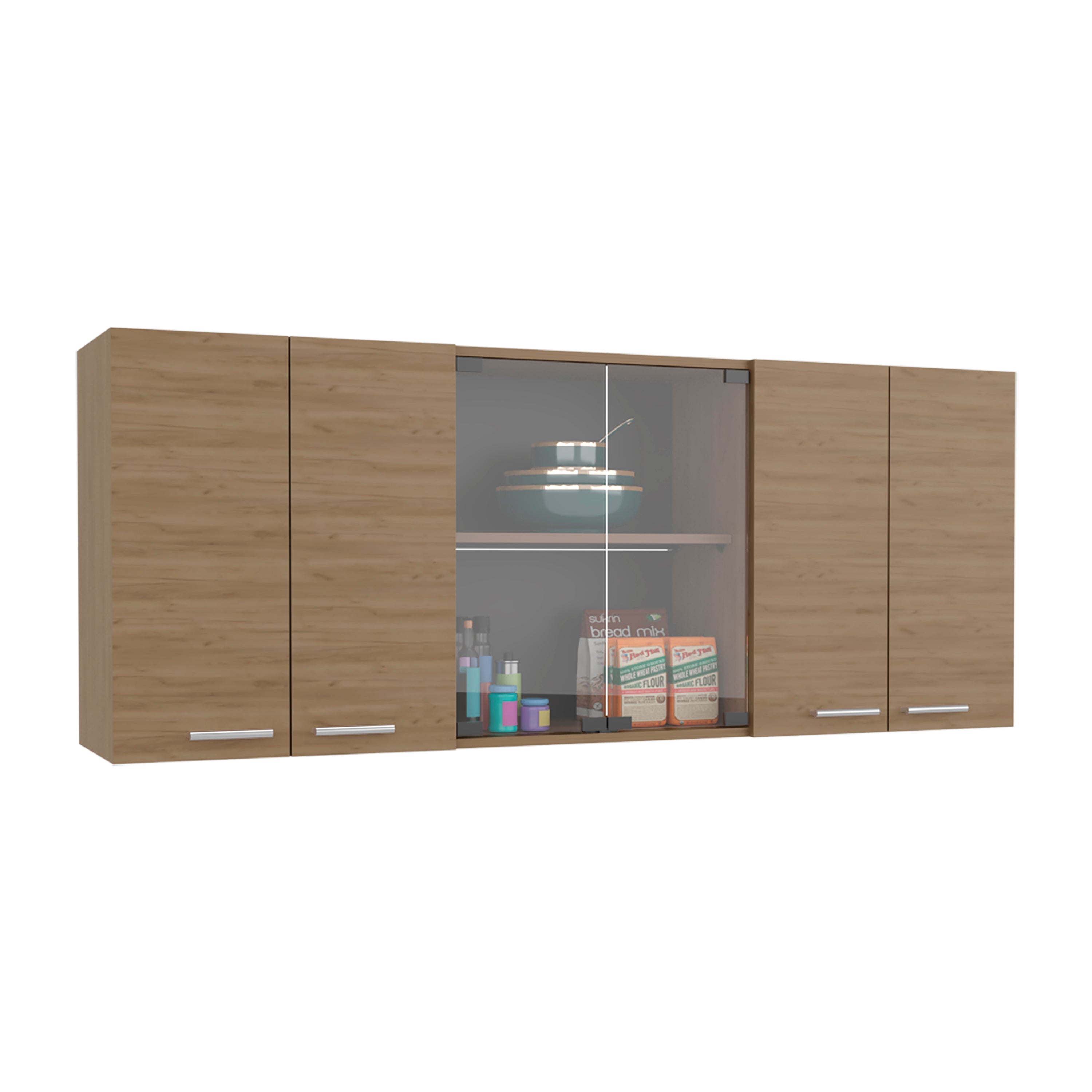 Oceana 150 Wall Cabinet with Four Doors, Two Internal Shelves, Internal Plate and Glass Organizer, Two Storage Shelves with Two Glass Doors, Natural Oak - Luciddepo