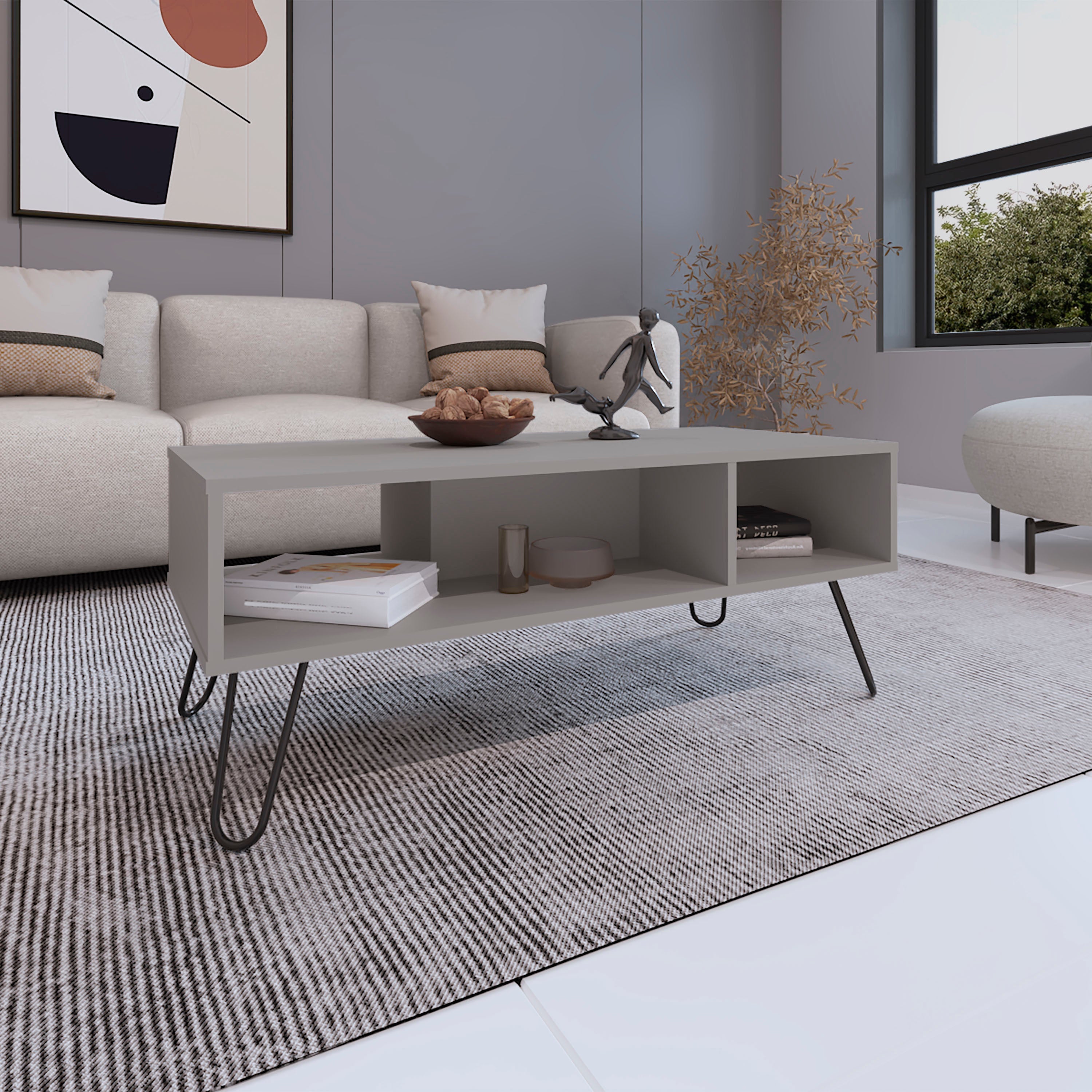 Selma Coffee Table with 4 Legs and 2 Shelves, White - Luciddepo