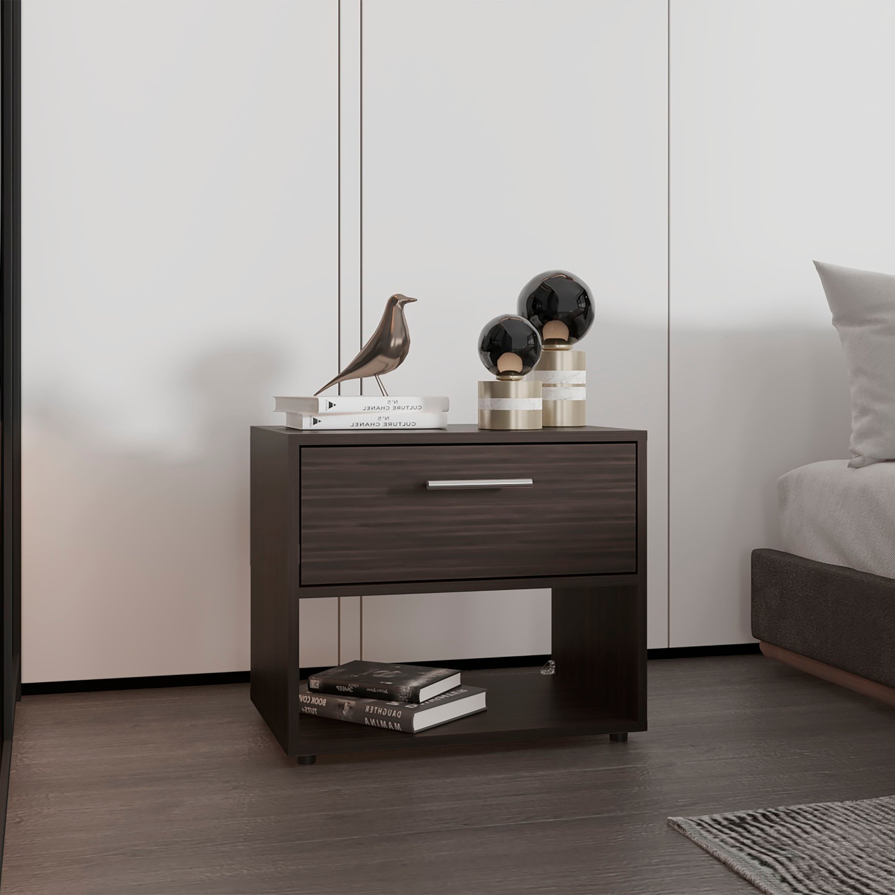 Noxen Nightstand, 1 Drawer, 1 Shelf, 4 Legs, Walnut - Luciddepo