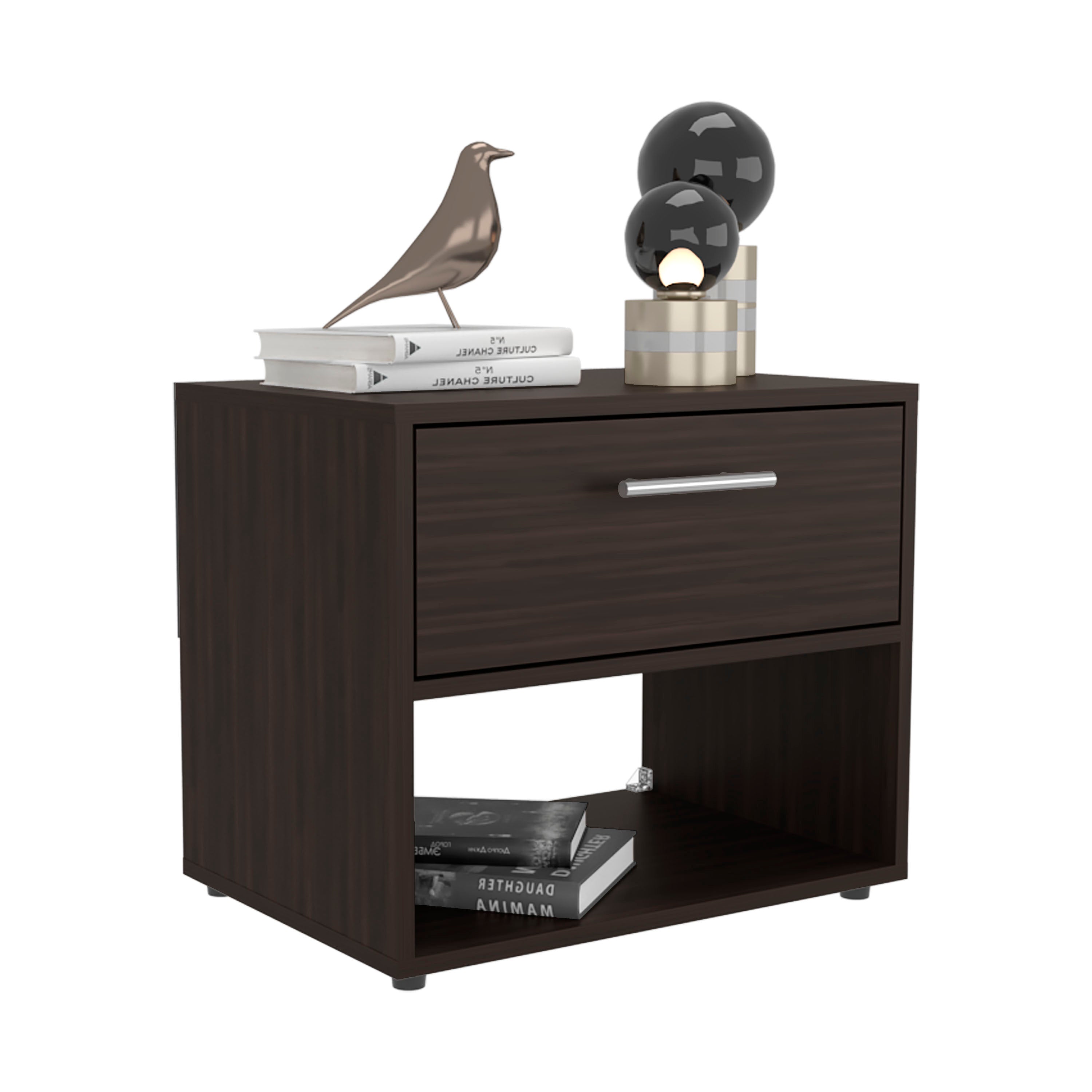 Noxen Nightstand, 1 Drawer, 1 Shelf, 4 Legs, Walnut - Luciddepo