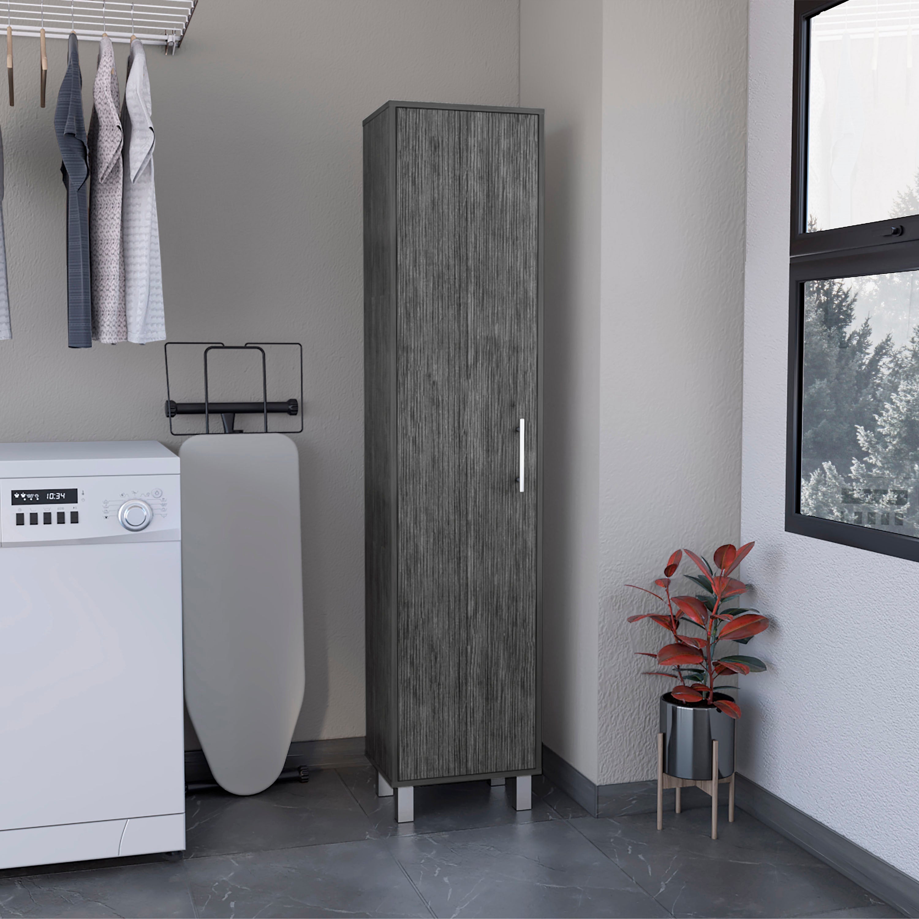 Dryden Tall Narrow Storage Cabinet with 5-Tier Shelf and Broom Hangers, Smokey Oak - Luciddepo