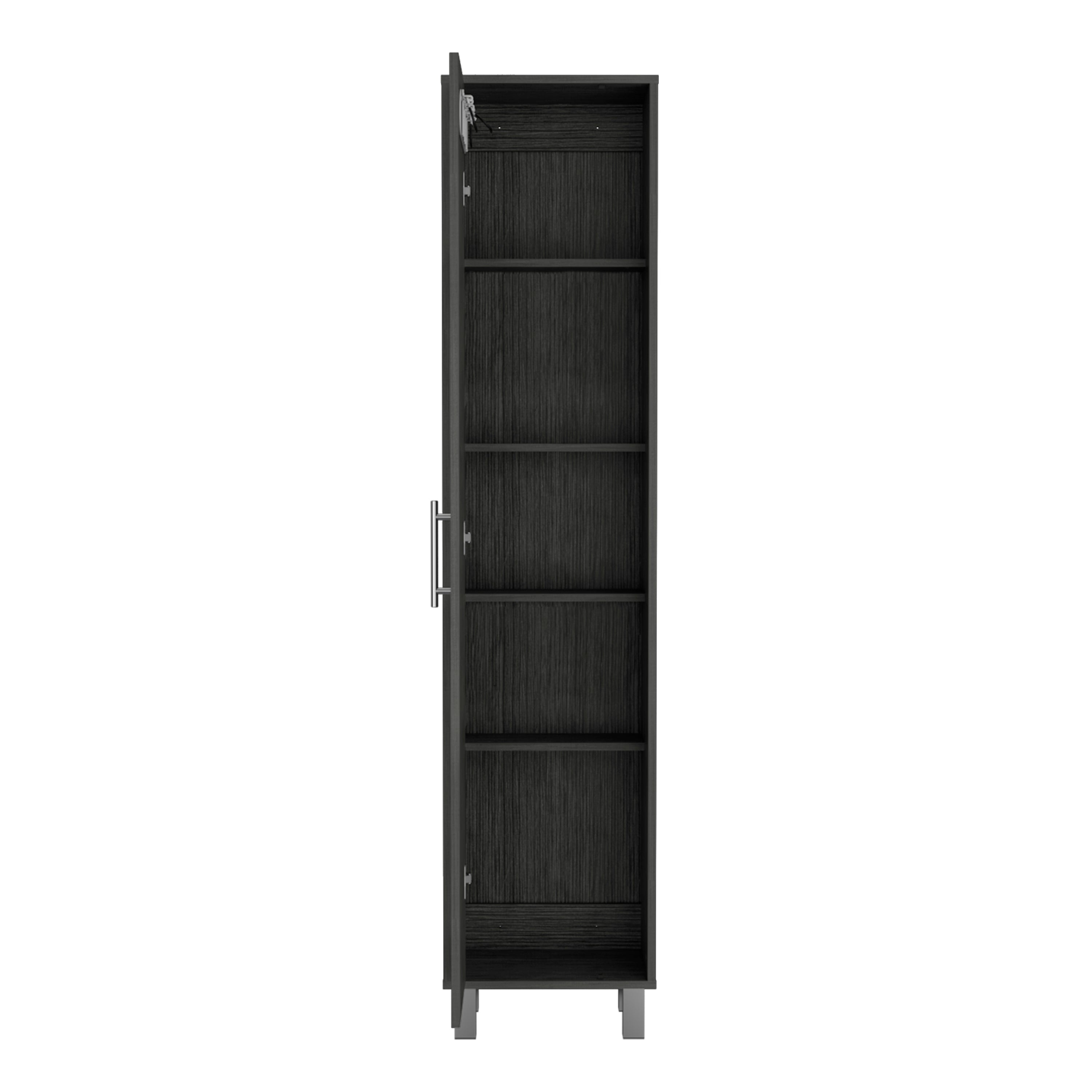 Dryden Tall Narrow Storage Cabinet with 5-Tier Shelf and Broom Hangers, Smokey Oak - Luciddepo