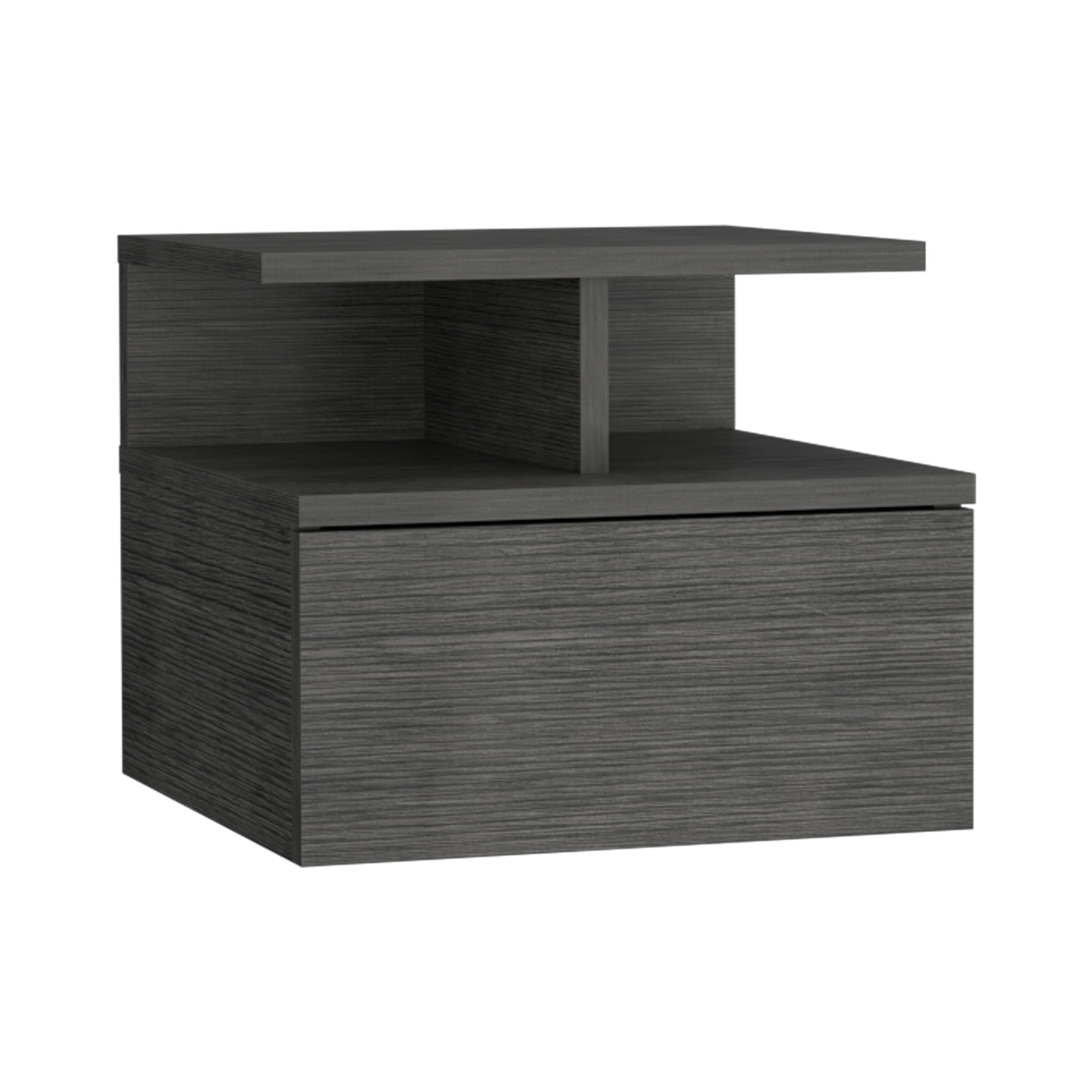 Seward Floating Nightstand, Wall Mounted with Single Drawer and 2-Tier Shelf, Smokey Oak - Luciddepo